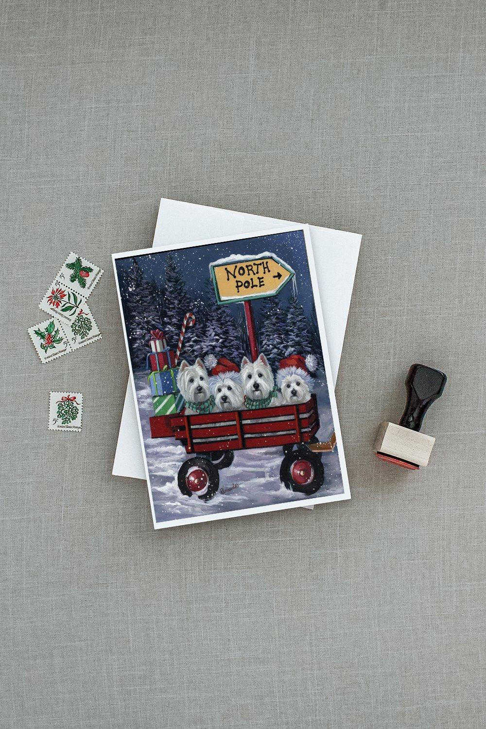Westie Christmas Red Wagon Greeting Cards and Envelopes Pack of 8 - the-store.com