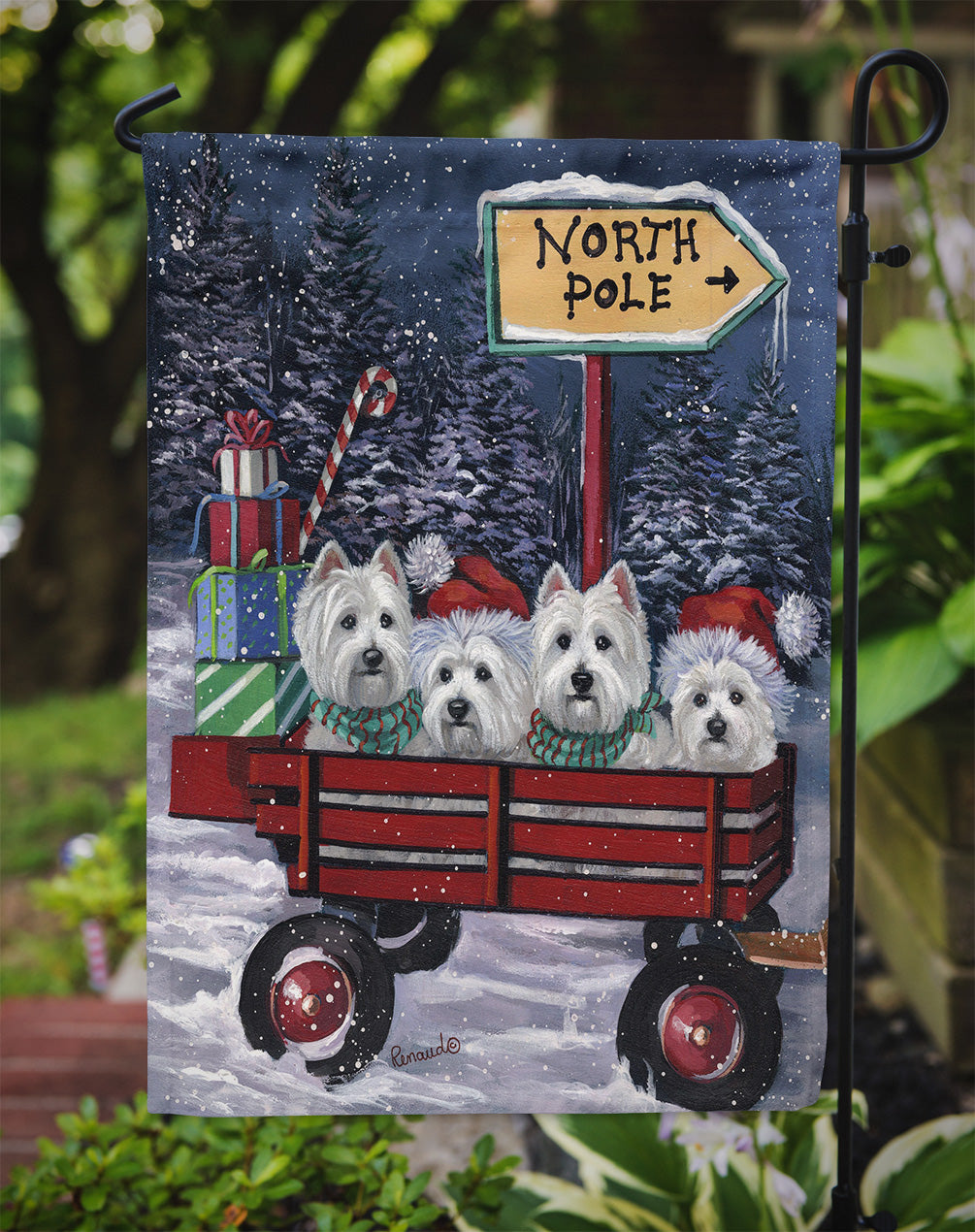 Westie Christmas Red Wagon Flag Garden Size PPP3227GF  the-store.com.