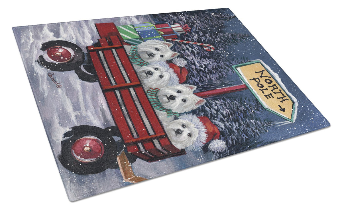 Westie Christmas Red Wagon Glass Cutting Board Large PPP3227LCB by Caroline&#39;s Treasures