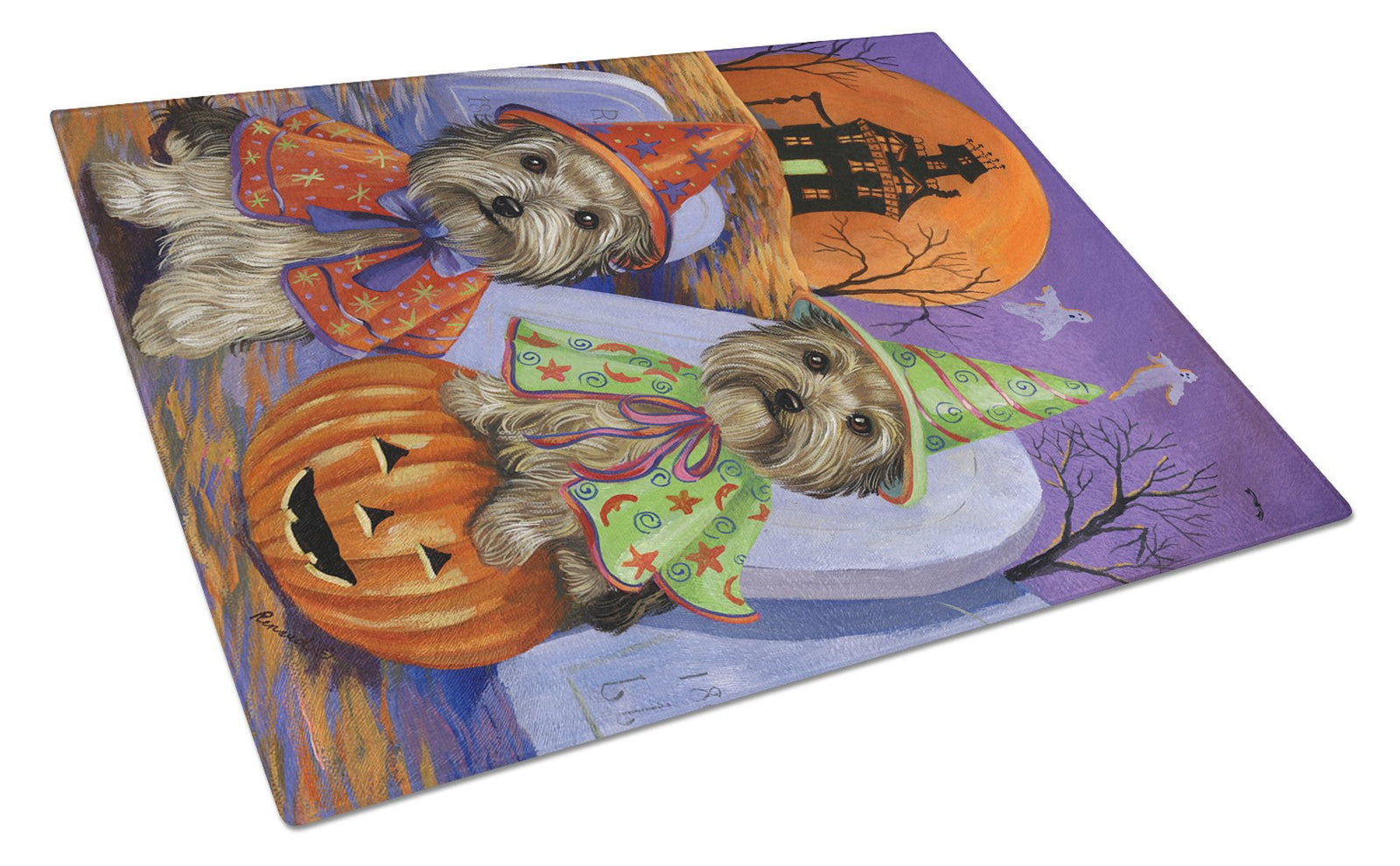 Caroline's Treasures Yorkie Halloween Haunted House Glass Cutting Boards – Durable, Decorative Kitchen Art Large PPP3241LCB