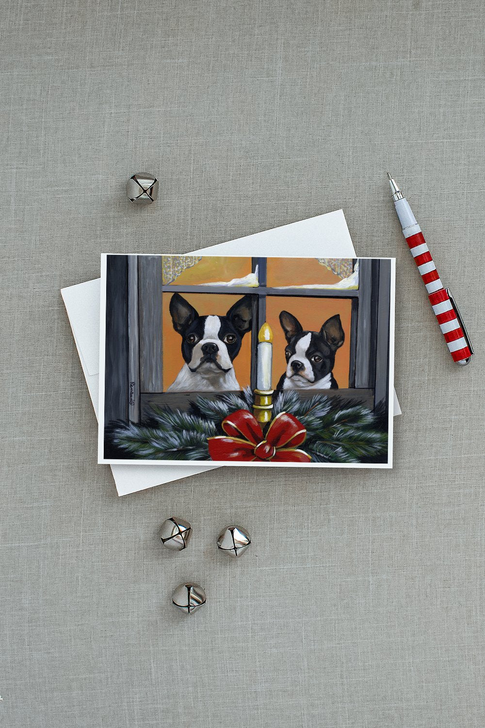 Boston Terrier Looking for Santa Christmas Greeting Cards and Envelopes Pack of 8 - the-store.com