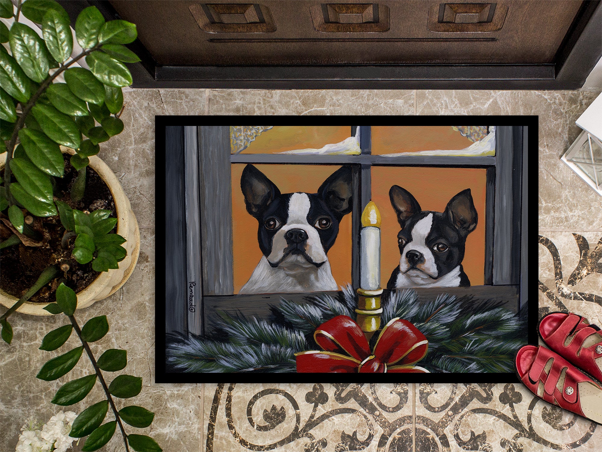 Boston Terrier Looking for Santa Christmas Indoor or Outdoor Mat 18x27 PPP3248MAT - the-store.com