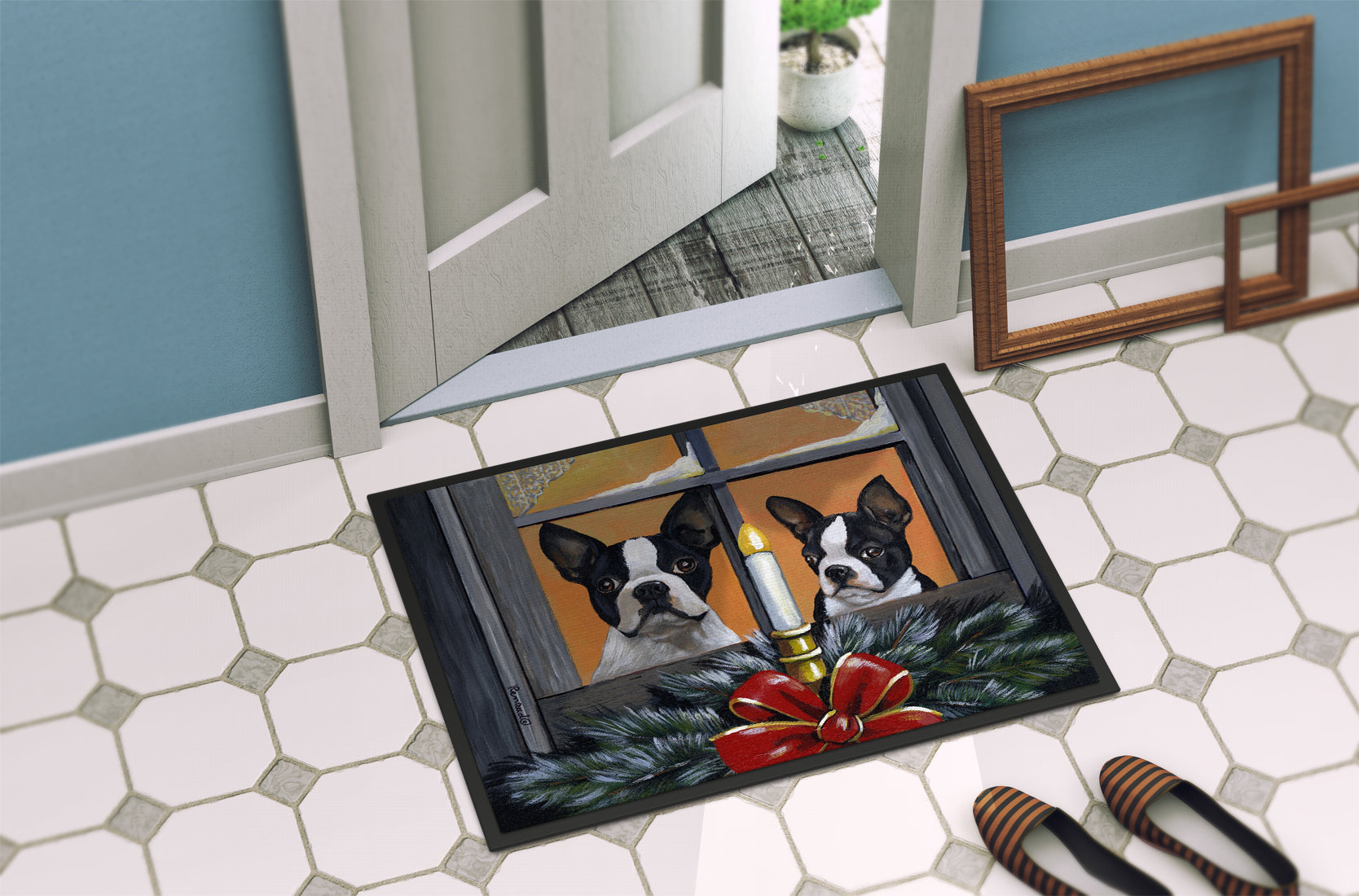 Boston Terrier Looking for Santa Christmas Indoor or Outdoor Mat 18x27 PPP3248MAT - the-store.com