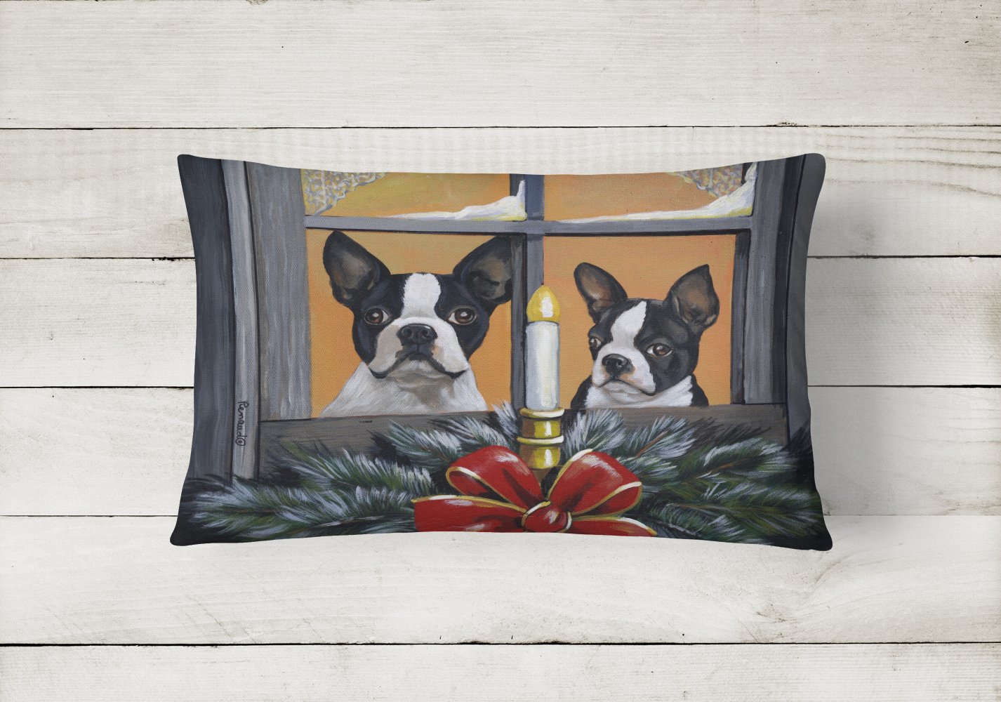 Boston Terrier Looking for Santa Christmas Canvas Fabric Decorative Pillow PPP3248PW1216 - the-store.com