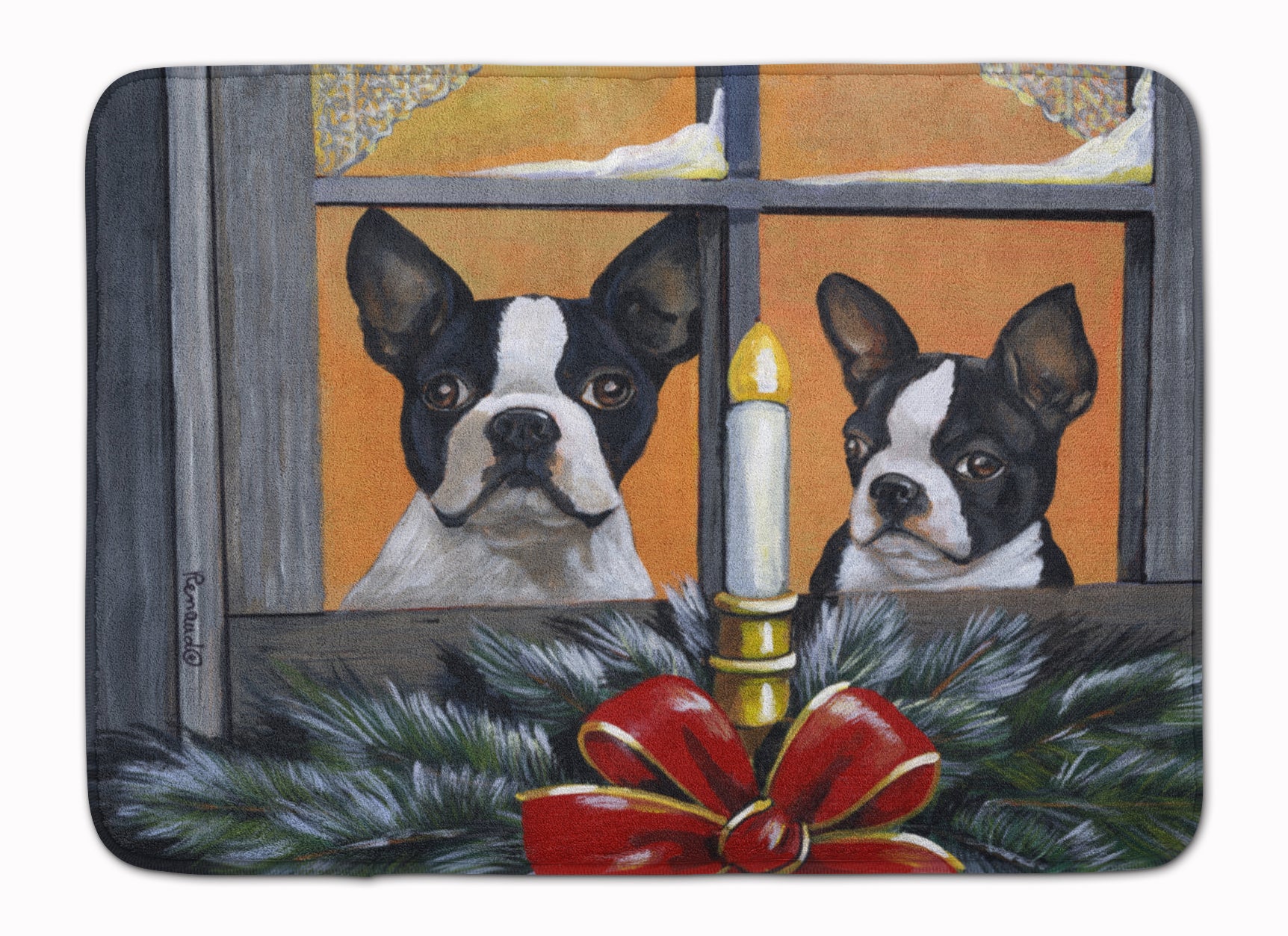Boston Terrier Looking for Santa Christmas Machine Washable Memory Foam Mat PPP3248RUG - the-store.com