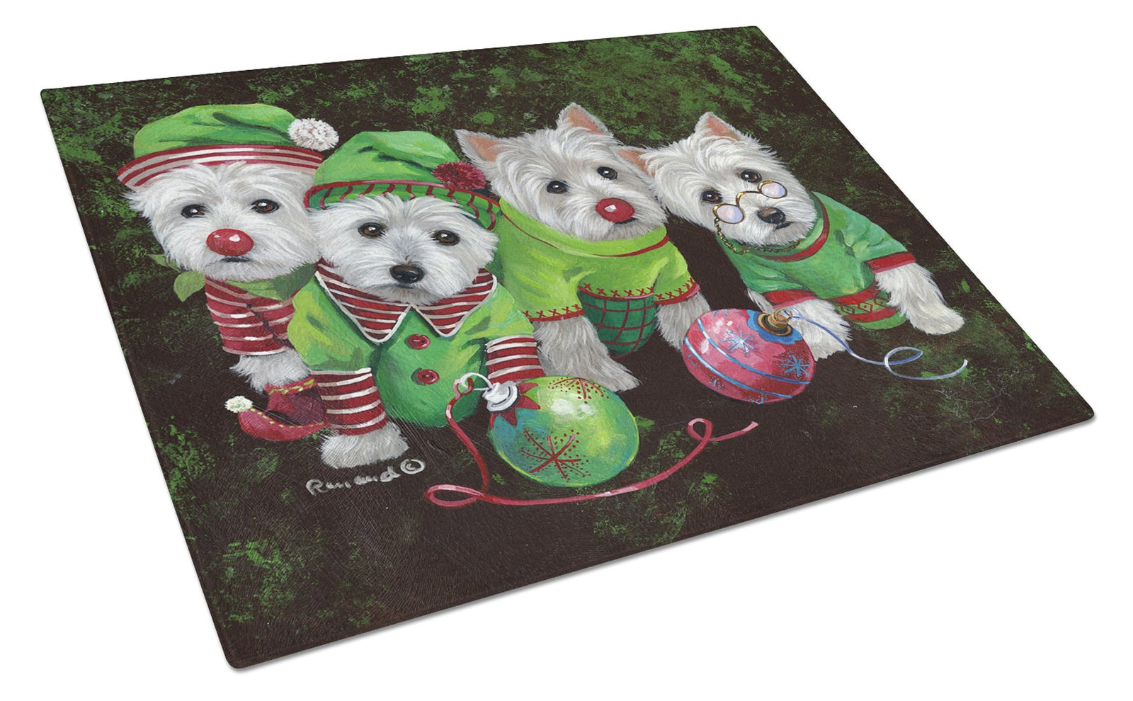 Caroline's Treasures Westie Christmas Santa's Assistants Glass Cutting Boards – Durable, Decorative Kitchen Art Large PPP3285LCB