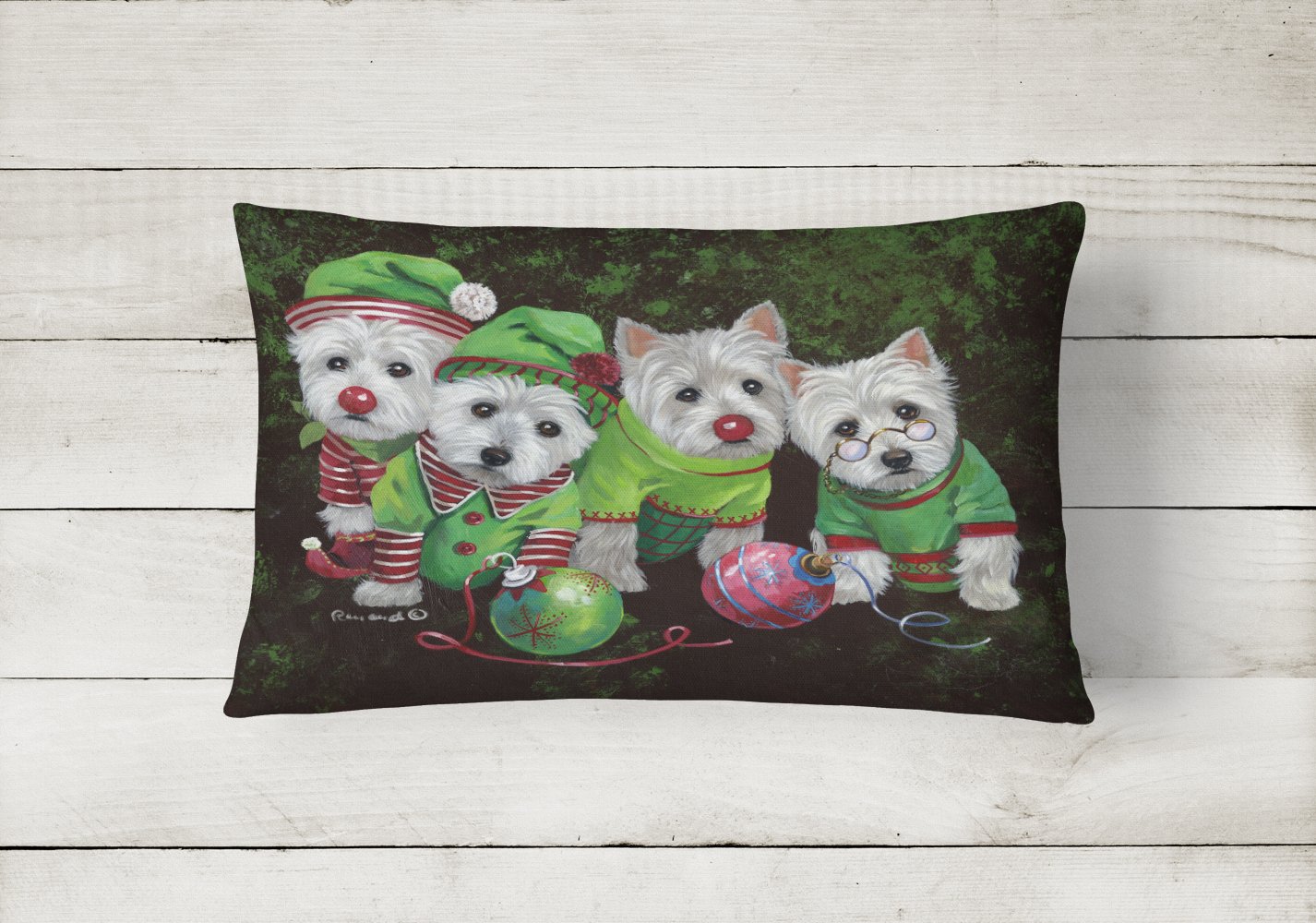 Buy this Westie Christmas Santa's Assistants Canvas Fabric Decorative Pillow PPP3285PW1216