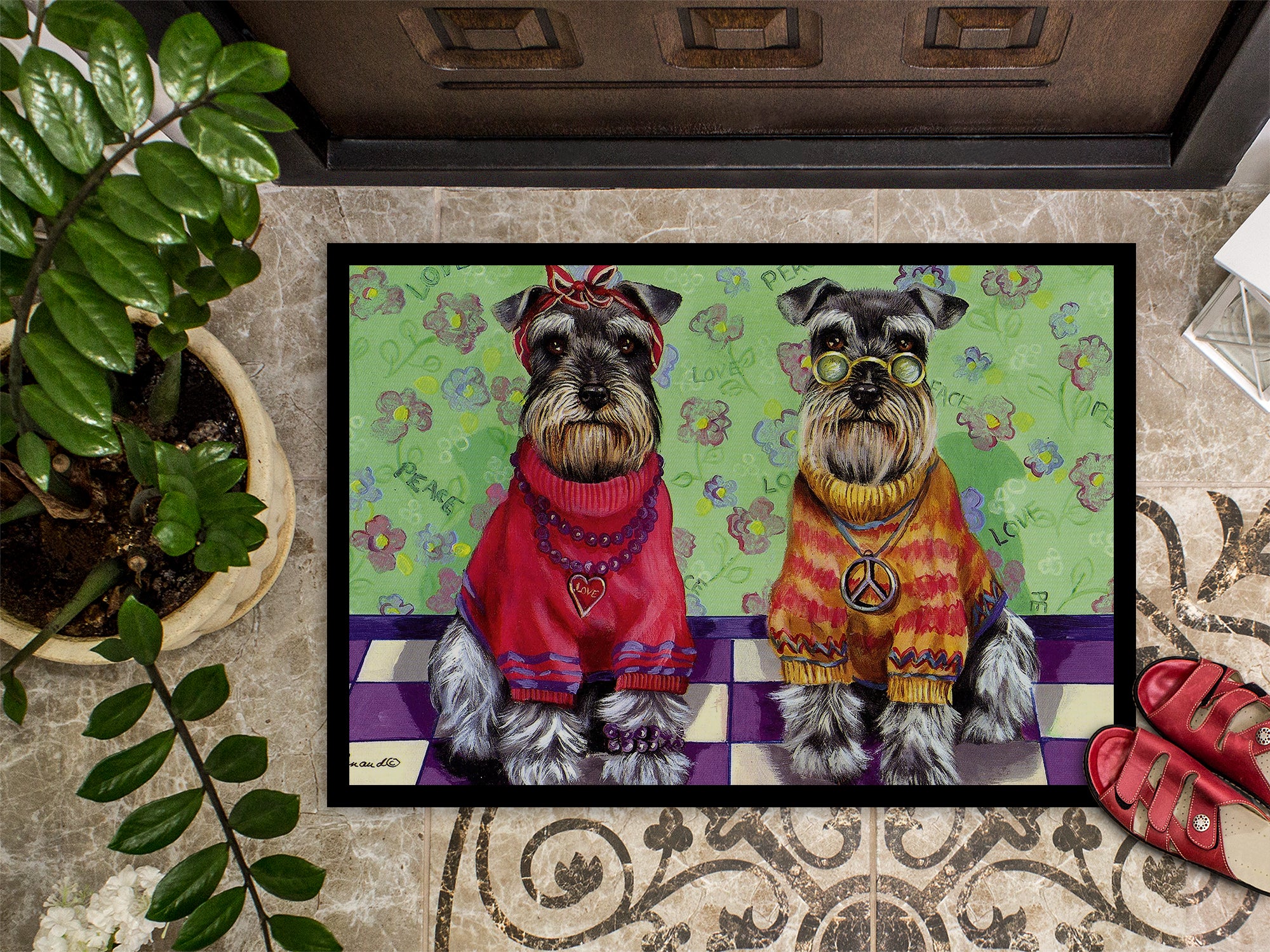 Schnauzer Love and Peace Indoor or Outdoor Mat 18x27 PPP3333MAT - the-store.com