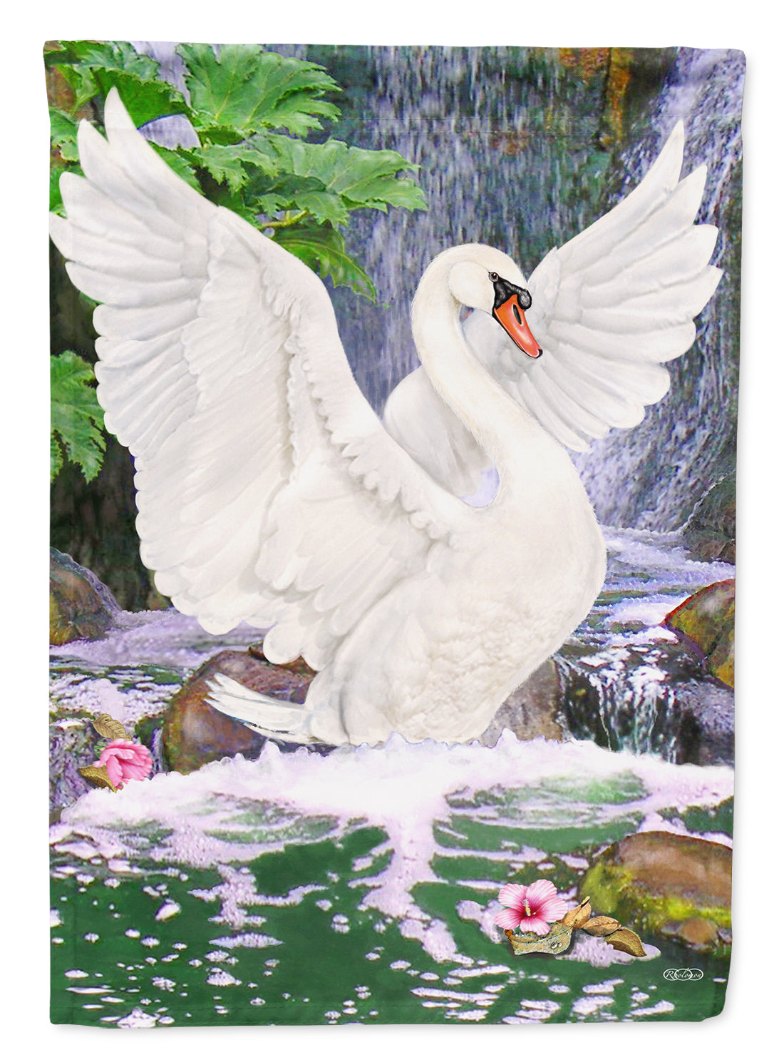 Swan Bathing at Waterfall Flag Canvas House Size PRS4001CHF  the-store.com.