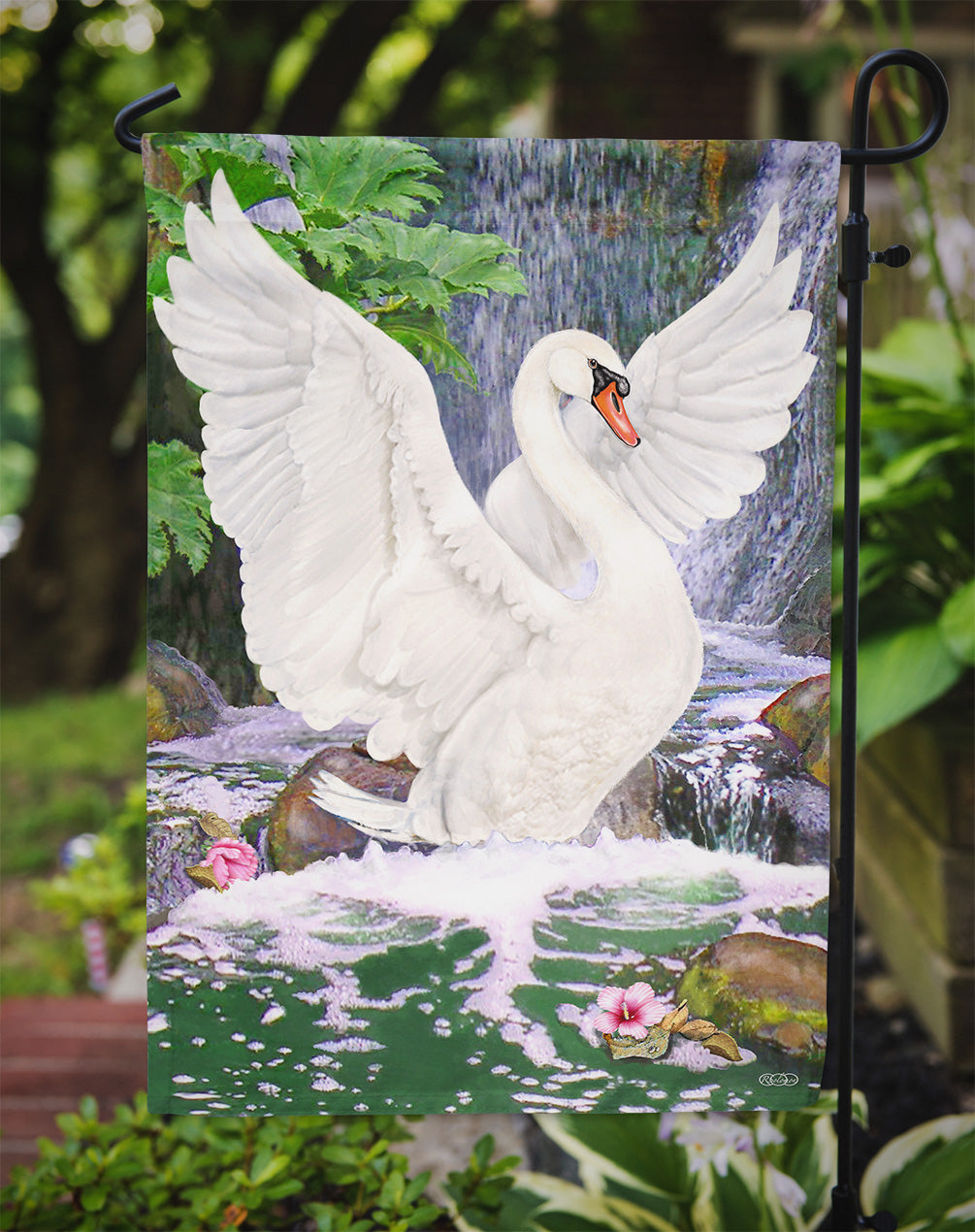 Swan Bathing at Waterfall Flag Garden Size PRS4001GF  the-store.com.
