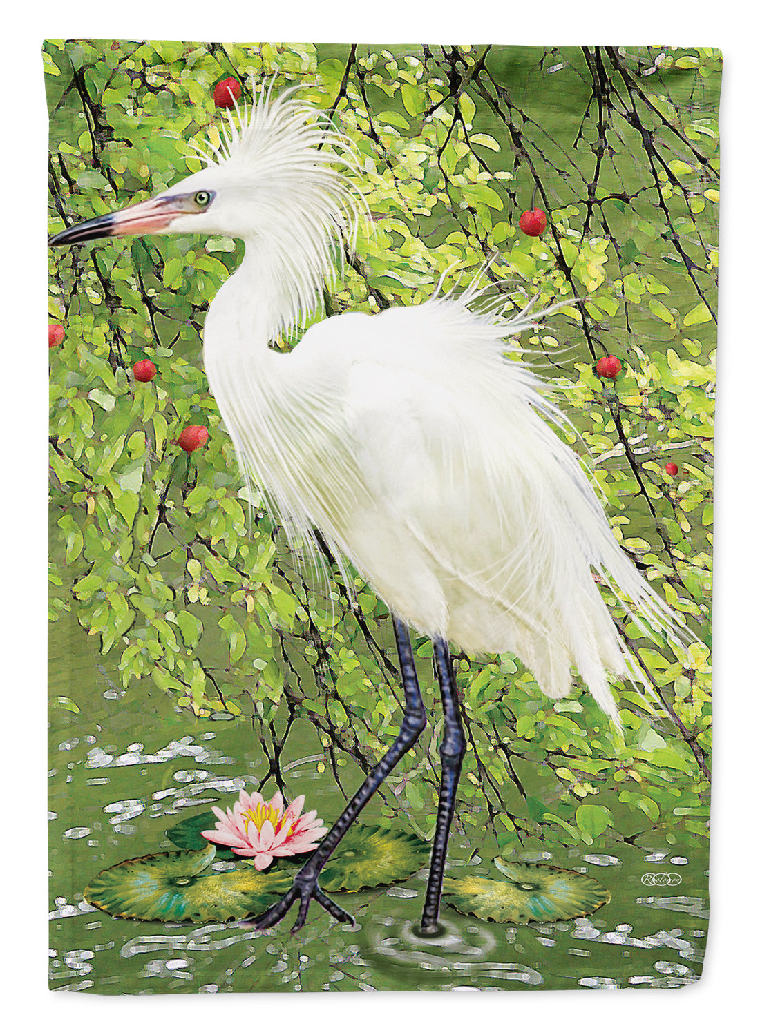 Snowy Egret Under Plum Tree Flag Canvas House Size PRS4002CHF  the-store.com.
