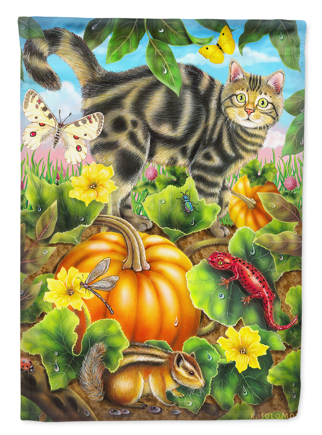 Cat Fuzzy in the Pumpkin Patch Flag Canvas House Size PRS4016CHF  the-store.com.