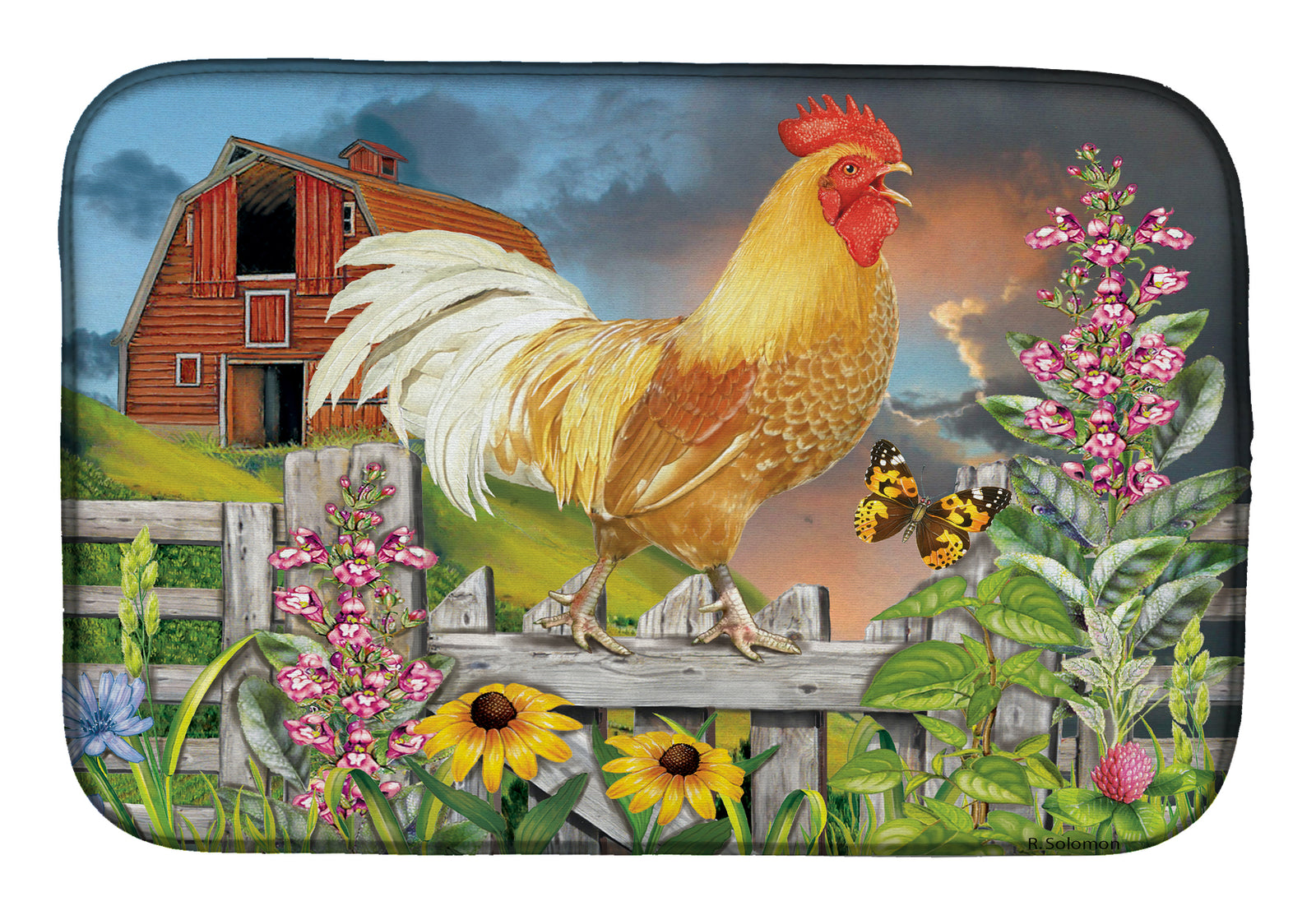Yellow Rooster Greeting the Day Dish Drying Mat PRS4024DDM