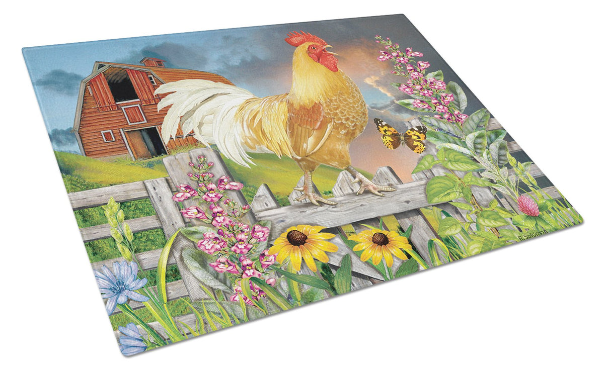 Yellow Rooster Greeting the Day Glass Cutting Board Large PRS4024LCB by Caroline&#39;s Treasures