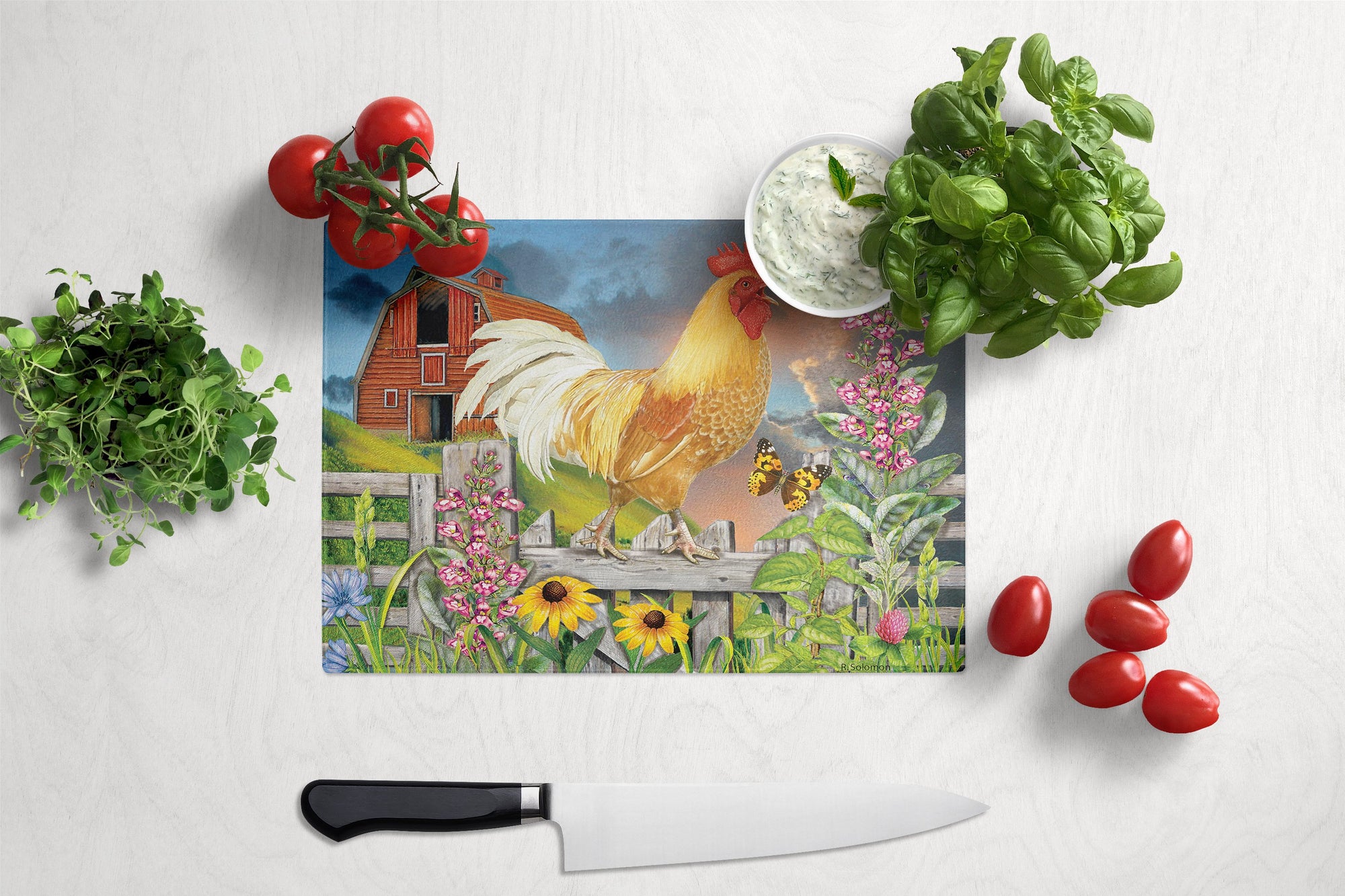 Yellow Rooster Greeting the Day Glass Cutting Board Large PRS4024LCB by Caroline's Treasures