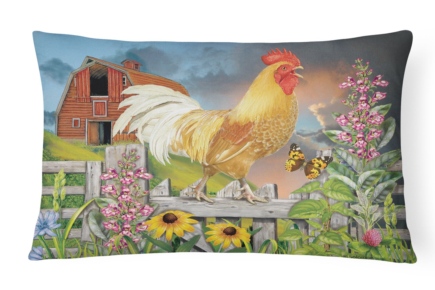 Yellow Rooster Greeting the Day Canvas Fabric Decorative Pillow PRS4024PW1216 by Caroline's Treasures
