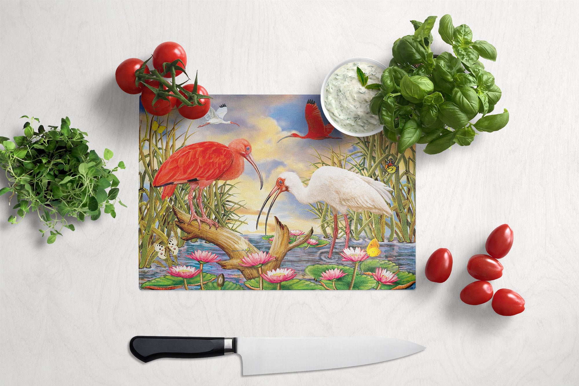 Scarlet And White Ibis Glass Cutting Board Large PRS4033LCB by Caroline's Treasures