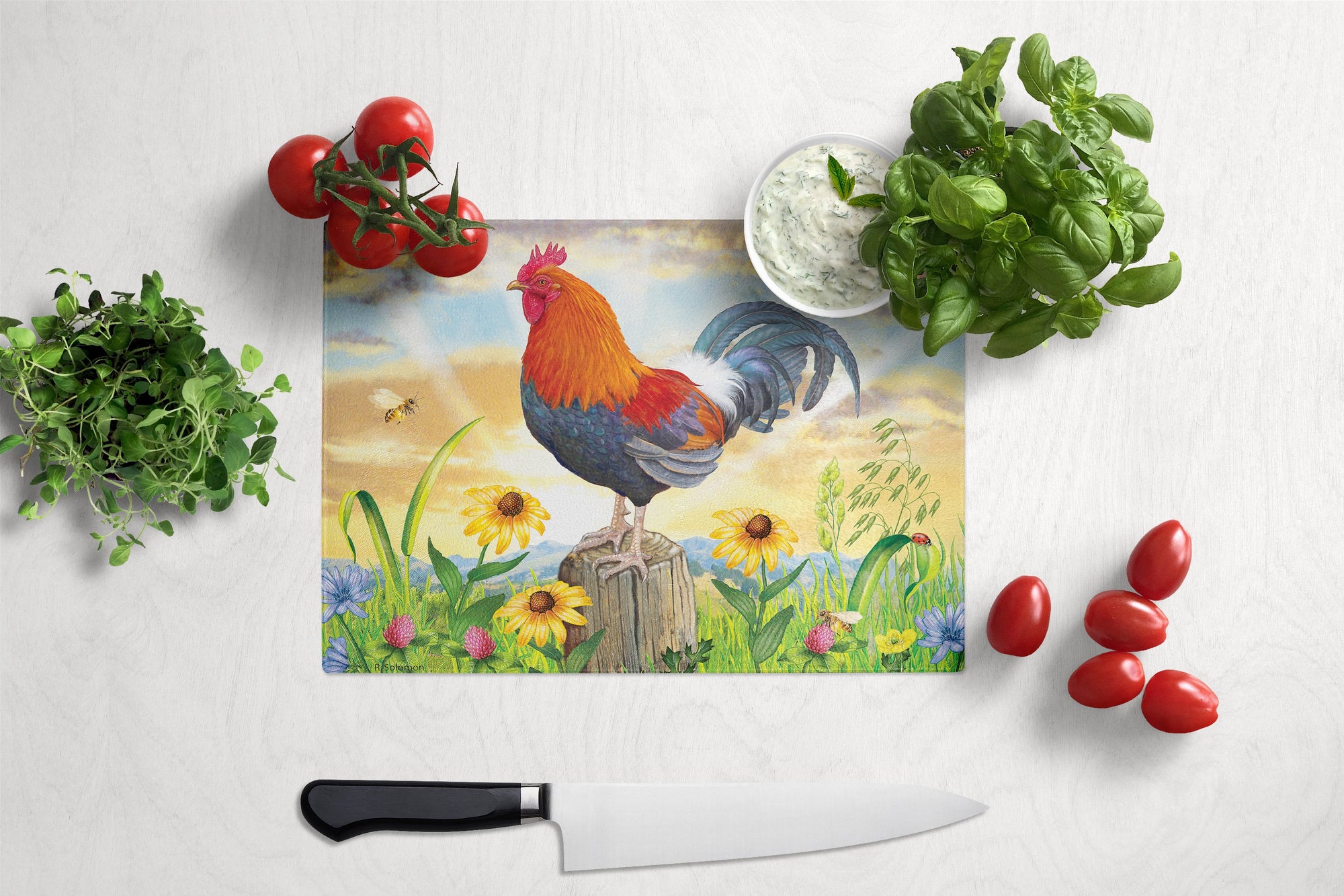 Rooster At Dawn Glass Cutting Board Large PRS4038LCB by Caroline's Treasures