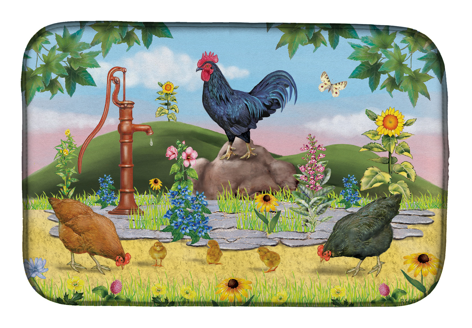 Rooster And Water Pump Dish Drying Mat PRS4039DDM  the-store.com.