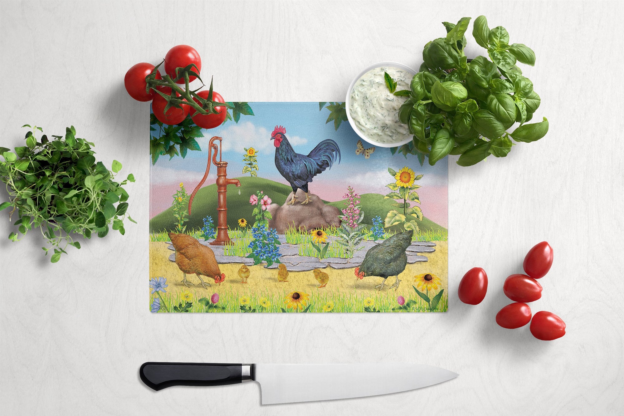 Rooster And Water Pump Glass Cutting Board Large PRS4039LCB by Caroline's Treasures