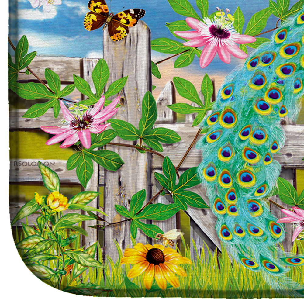 Peacock on Garden Fence Dish Drying Mat PRS4042DDM