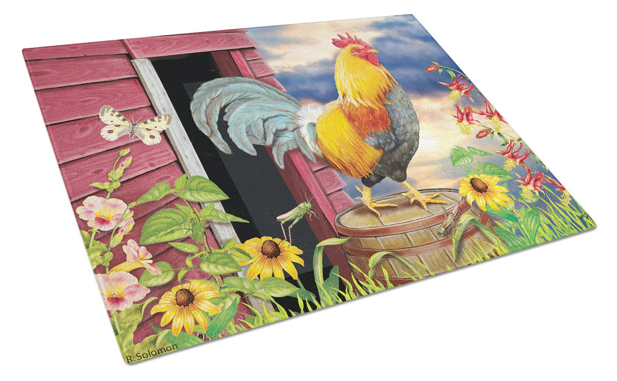 Rooster Barnyard Morning Glass Cutting Board Large PRS4061LCB by Caroline&#39;s Treasures