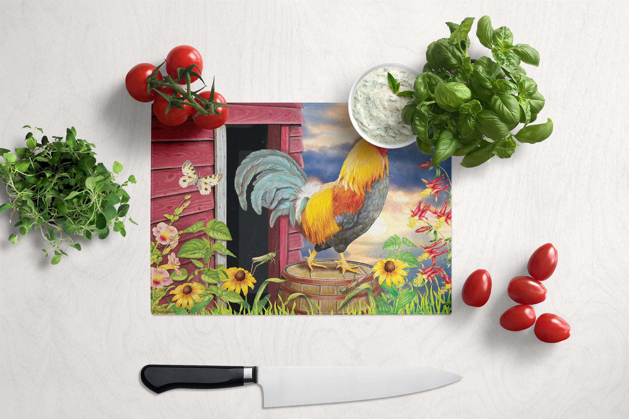 Rooster Barnyard Morning Glass Cutting Board Large PRS4061LCB by Caroline's Treasures