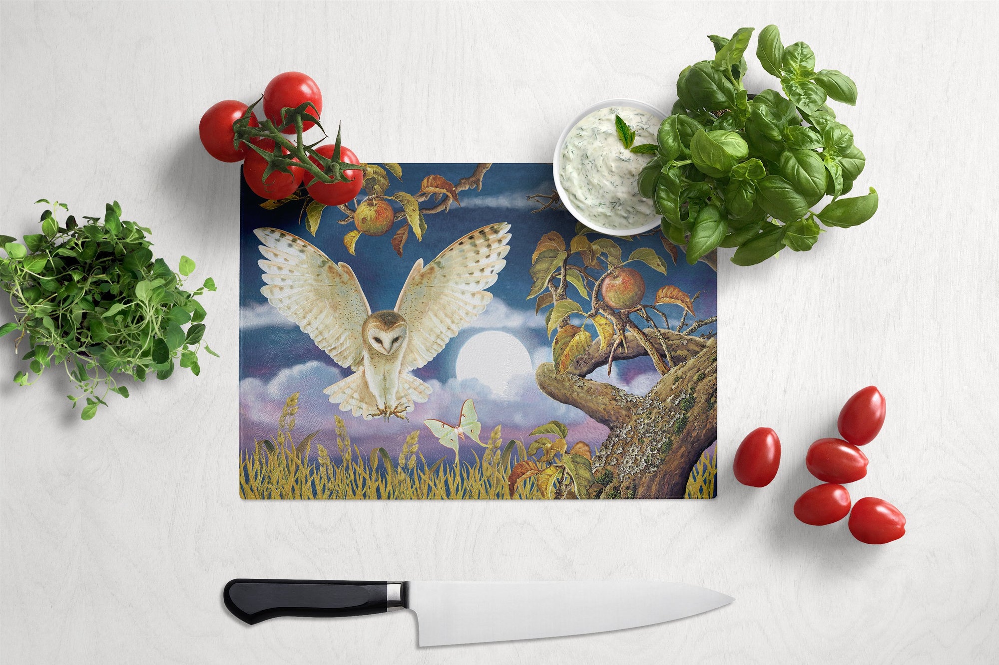 Barn Owl In The Apple Orchard Glass Cutting Board Large PRS4062LCB by Caroline's Treasures