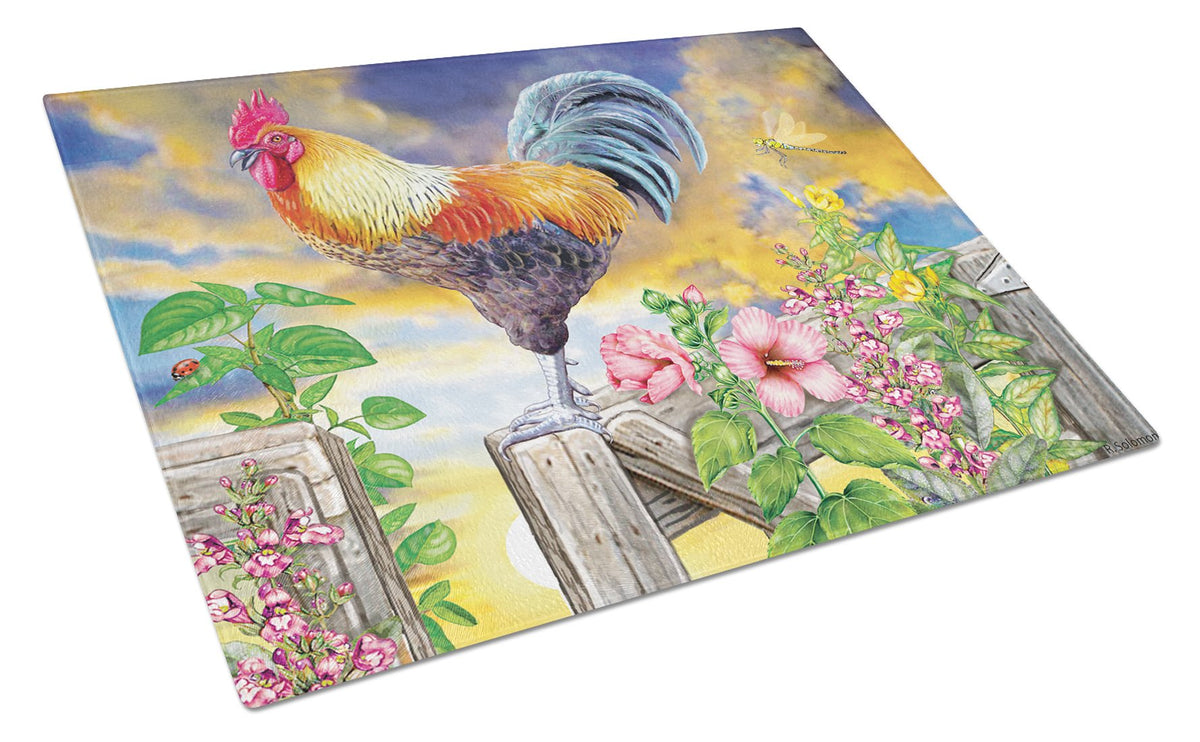 Rooster Barnyard Morning Glass Cutting Board Large PRS4063LCB by Caroline&#39;s Treasures