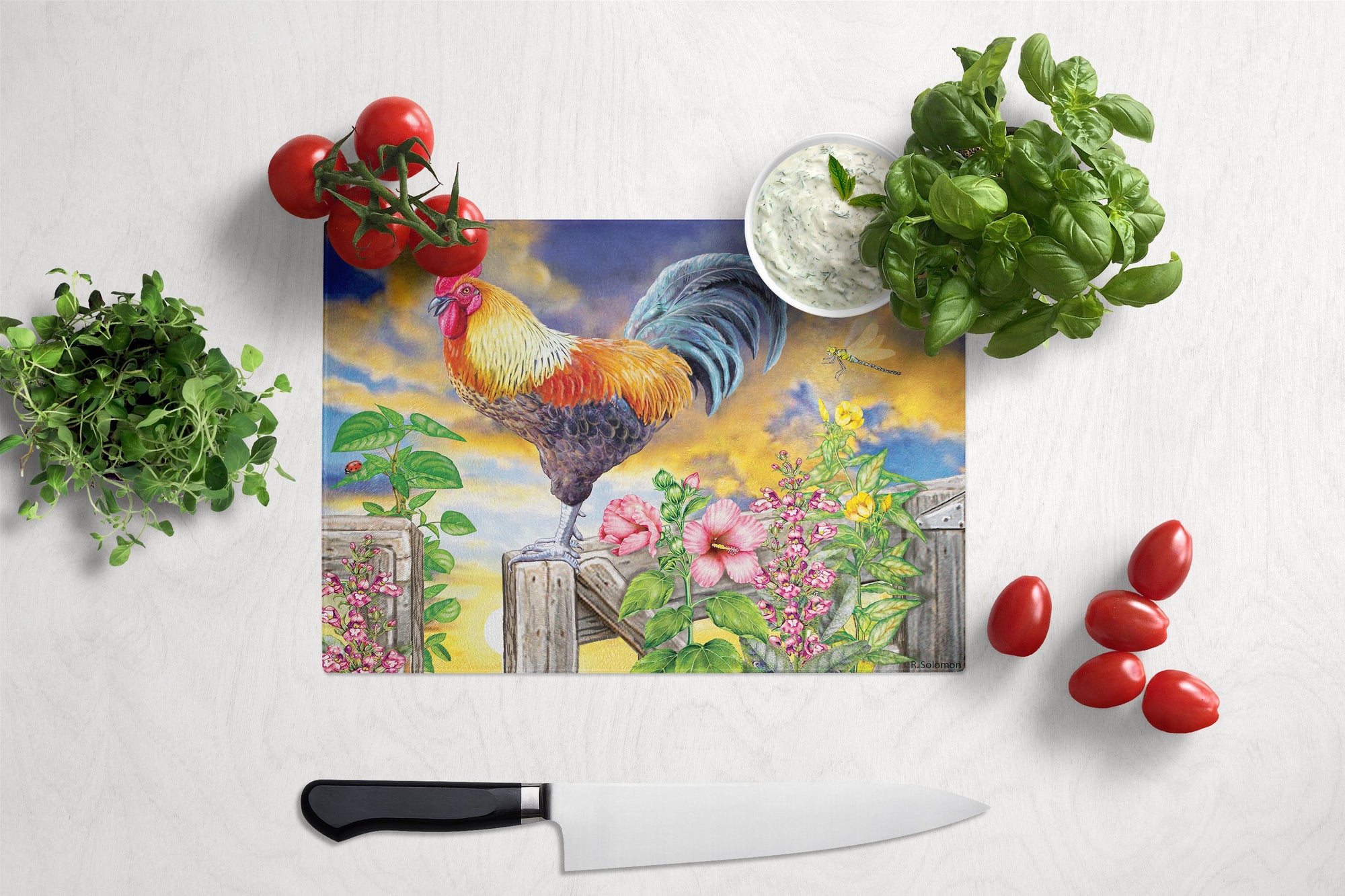 Rooster Barnyard Morning Glass Cutting Board Large PRS4063LCB by Caroline's Treasures