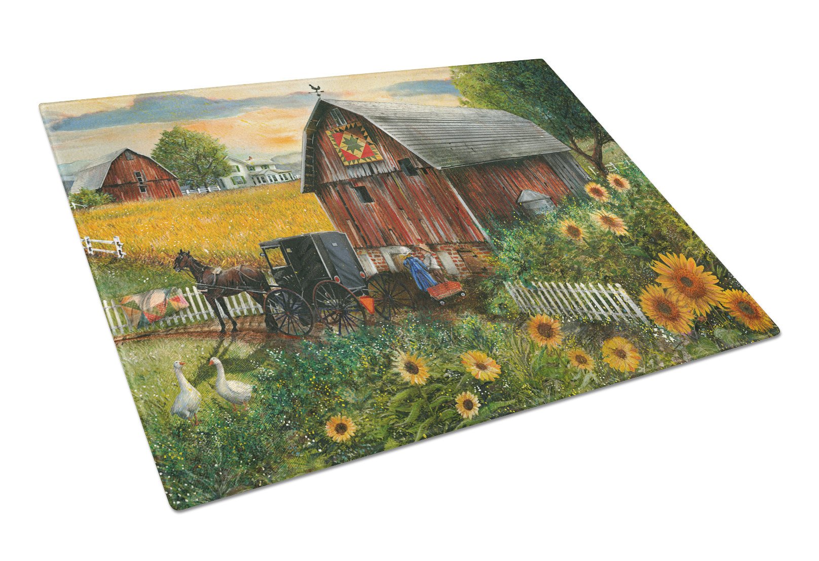 Sunflower Country Paradise Barn Glass Cutting Board Large PTW2003LCB by Caroline's Treasures