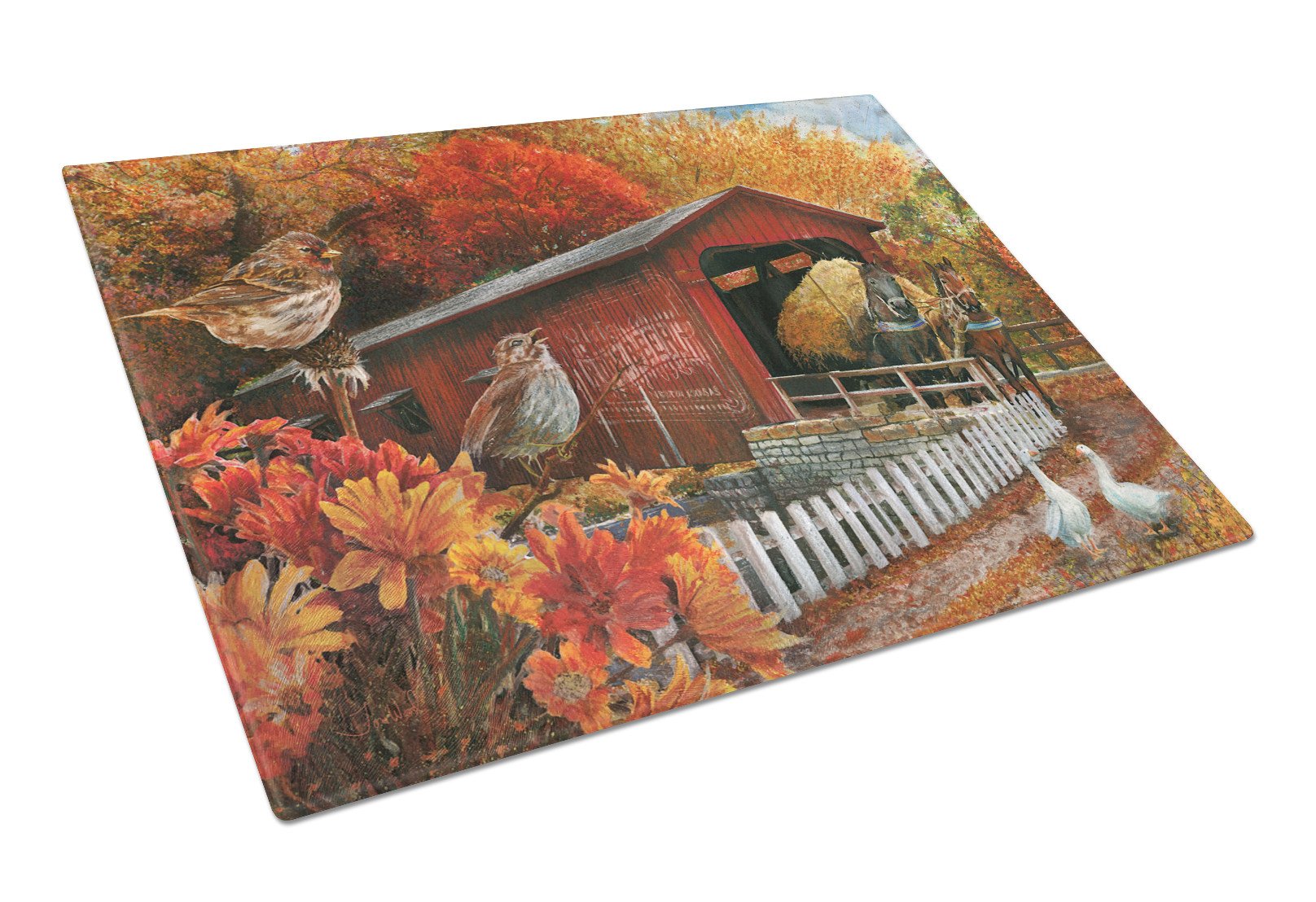Fall Covered Bridge Glass Cutting Board Large PTW2004LCB by Caroline's Treasures