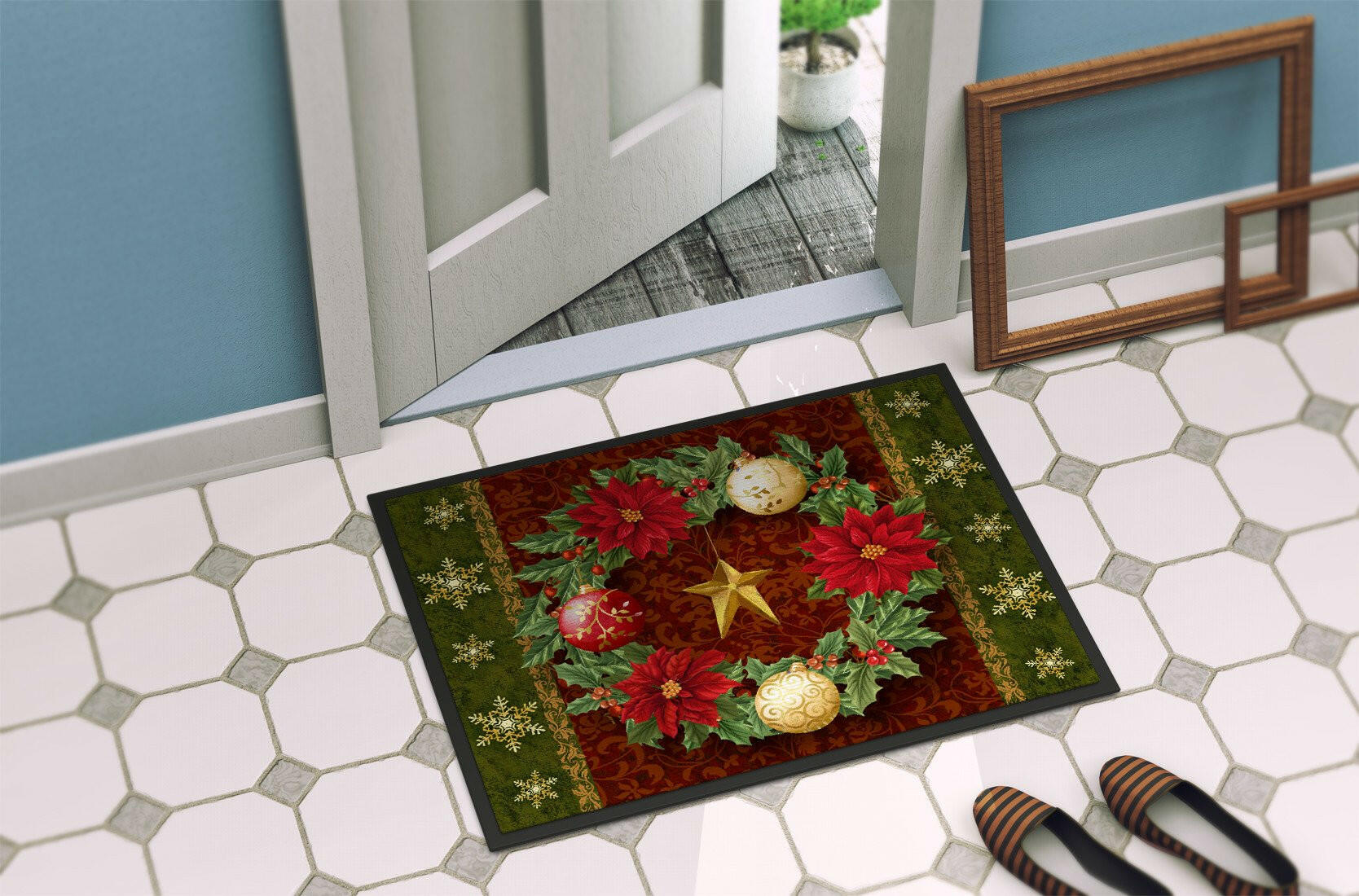 Holly Wreath with Christmas Ornaments Indoor or Outdoor Mat 24x36 PTW2007JMAT - the-store.com