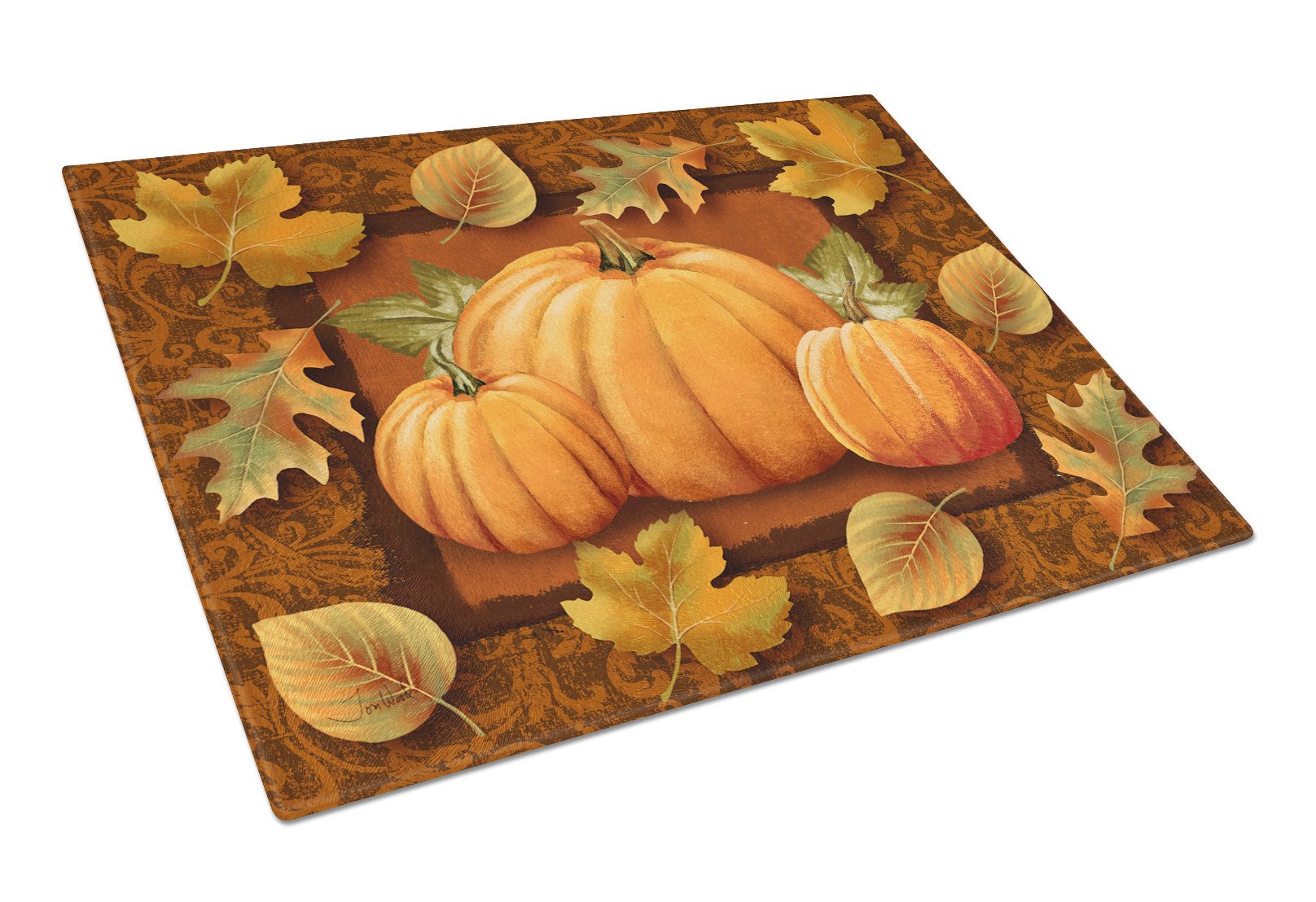 Pumpkins and Fall Leaves Glass Cutting Board Large PTW2009LCB by Caroline's Treasures