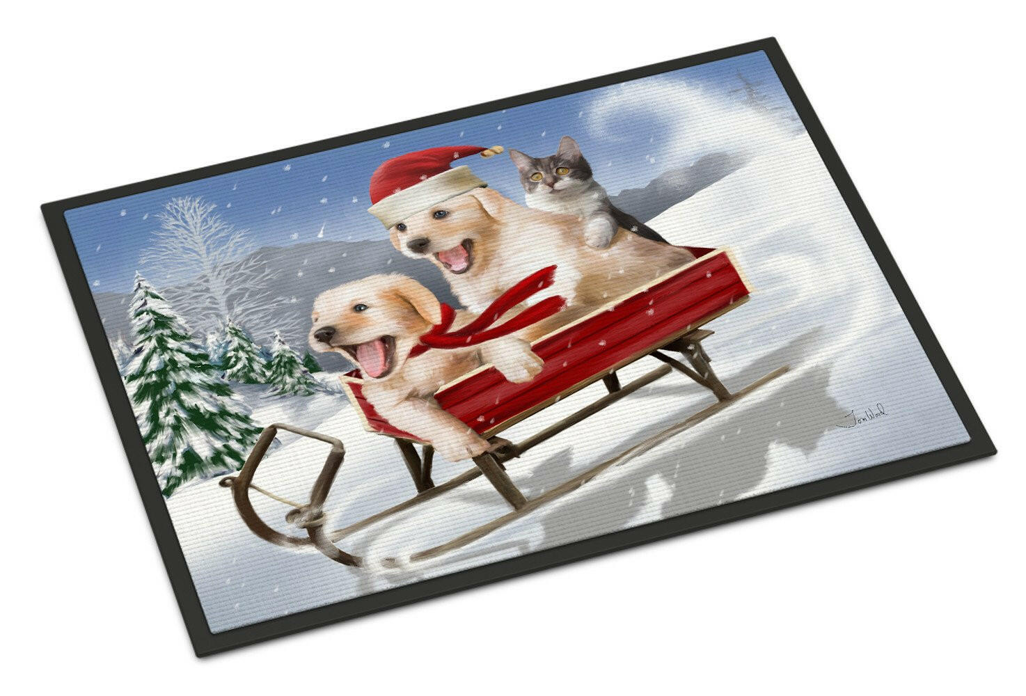 Dogs and Kitten in Sled Need for Speed Indoor or Outdoor Mat 24x36 PTW2015JMAT - the-store.com