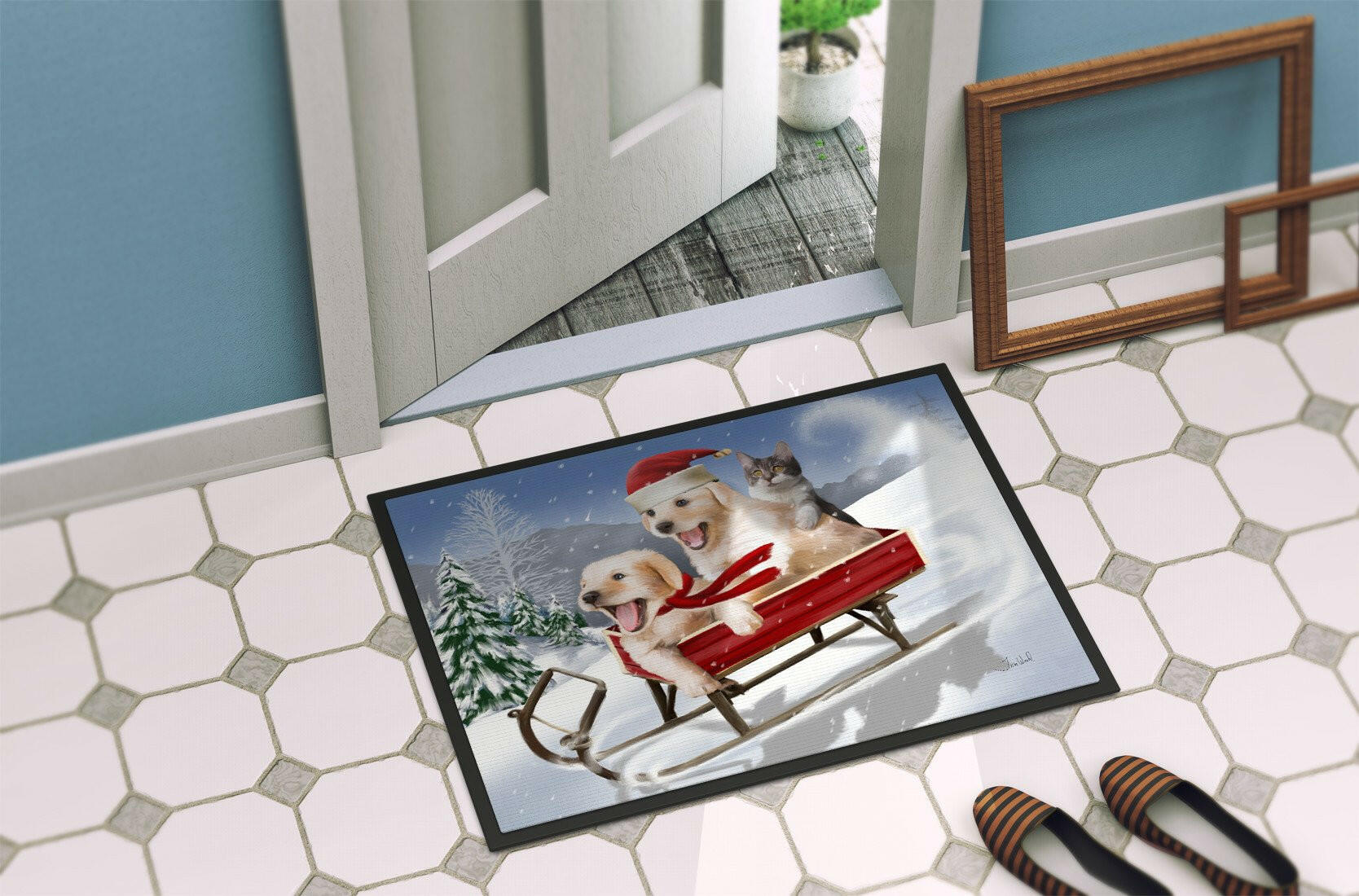 Dogs and Kitten in Sled Need for Speed Indoor or Outdoor Mat 24x36 PTW2015JMAT - the-store.com