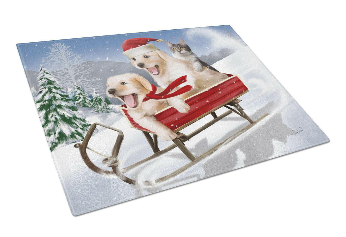 Dogs and Kitten in Sled Need for Speed Glass Cutting Board Large PTW2015LCB by Caroline&#39;s Treasures