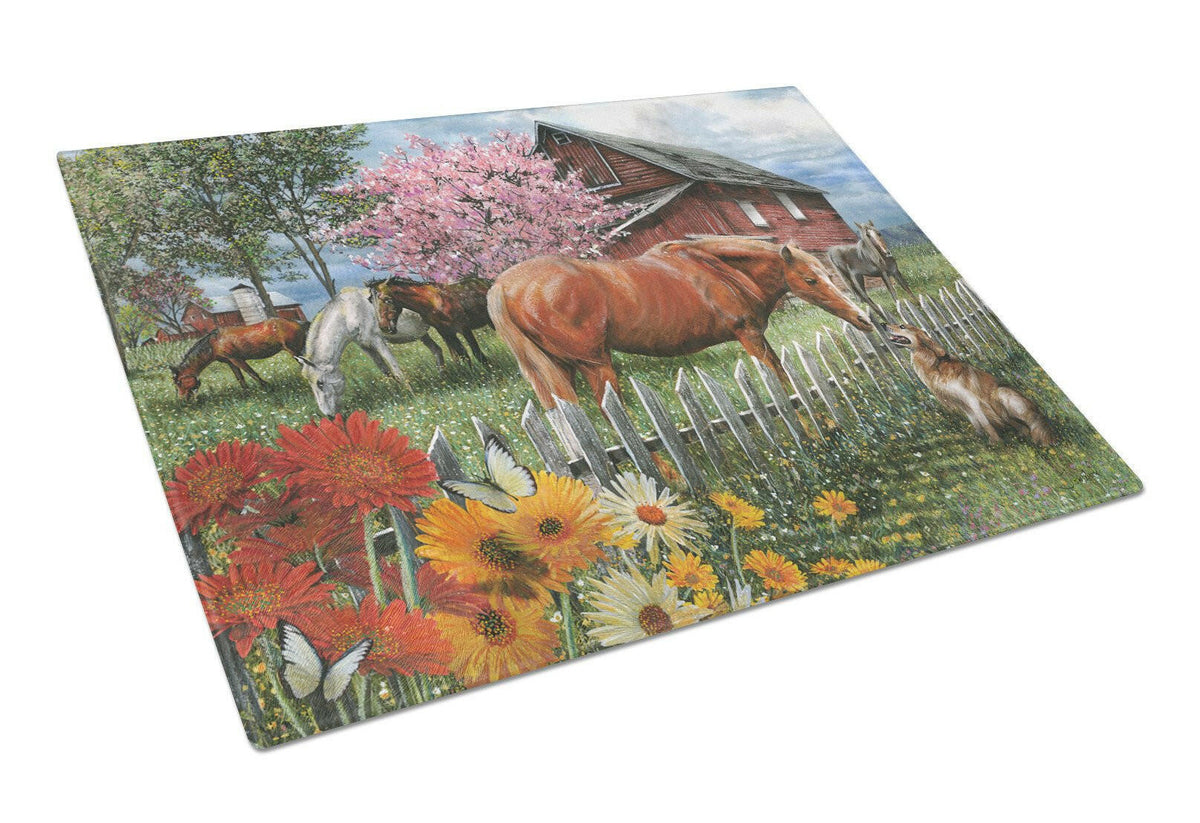 Horses Chatting with The Neighbors Glass Cutting Board Large PTW2020LCB by Caroline&#39;s Treasures