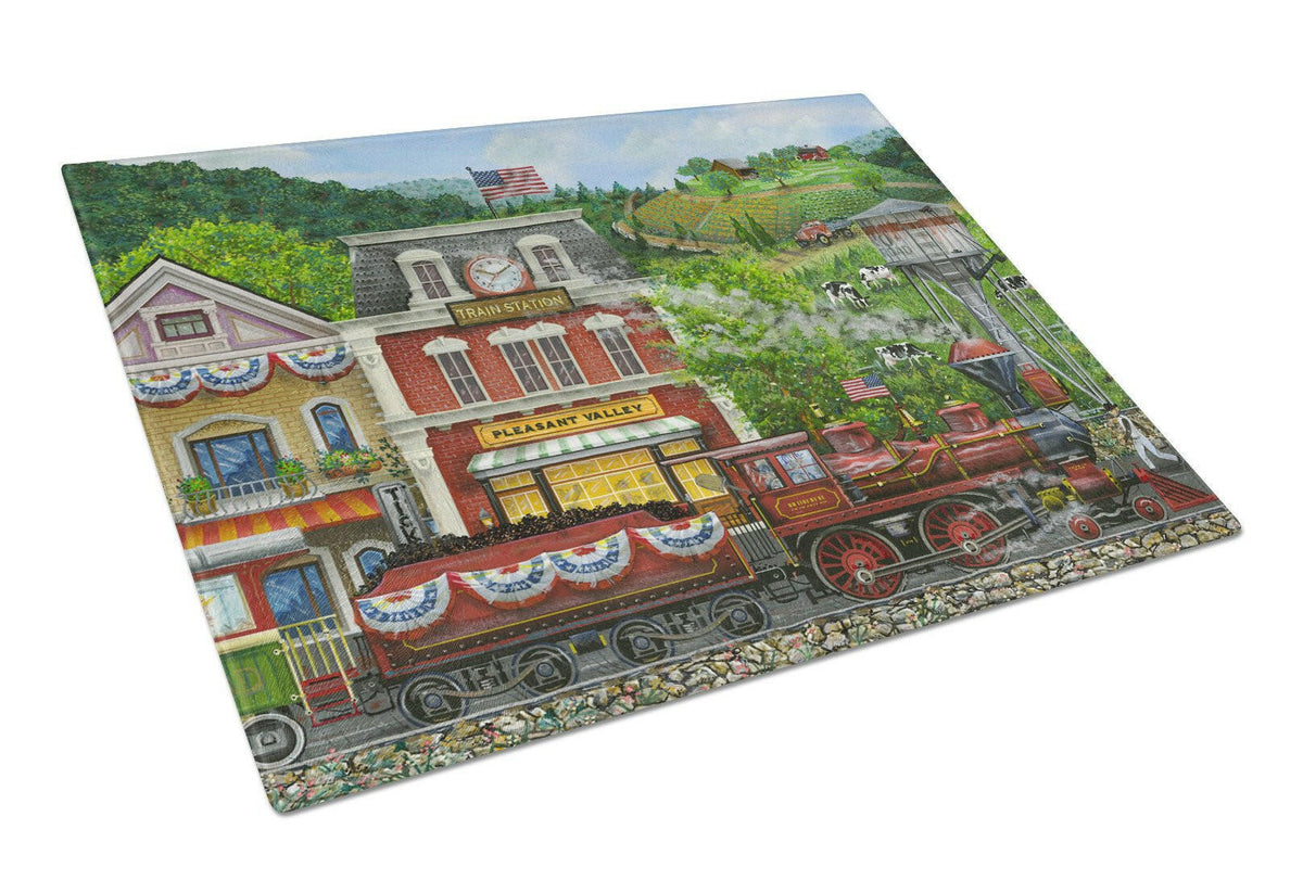Railroad Train Next Stop Pleasant Valley Glass Cutting Board Large PTW2023LCB by Caroline&#39;s Treasures