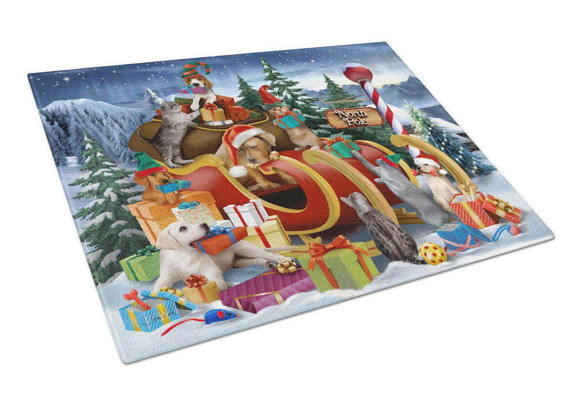 Animals Opening Christmas Presents Glass Cutting Board Large PTW2024LCB by Caroline&#39;s Treasures