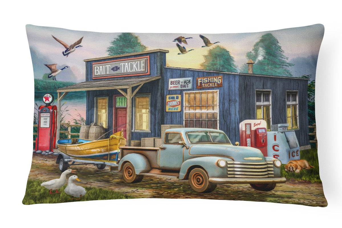 Early Bird Catches the Fish Bait Shop Canvas Fabric Decorative Pillow PTW2065PW1216 by Caroline&#39;s Treasures