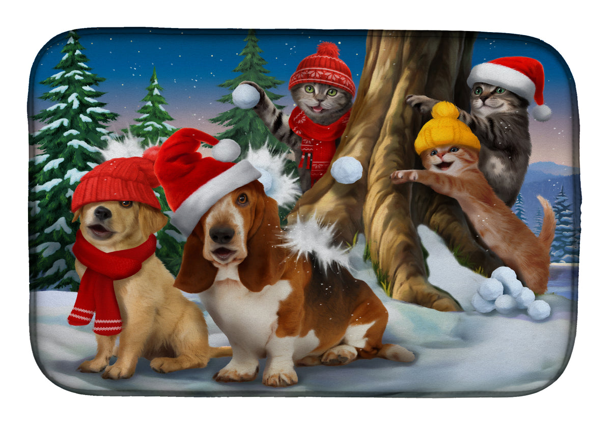 Basset, Golden and Cats Snowball Fight Dish Drying Mat PTW2066DDM