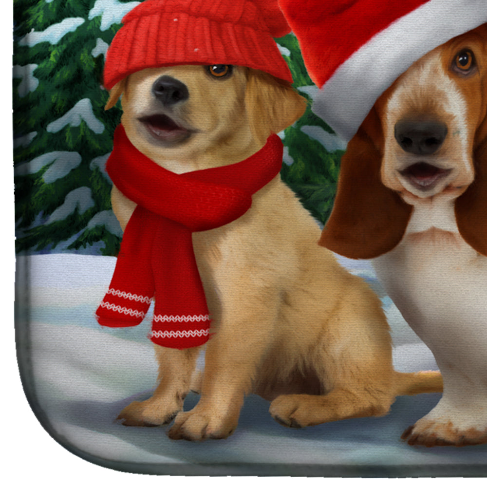 Basset, Golden and Cats Snowball Fight Dish Drying Mat PTW2066DDM  the-store.com.