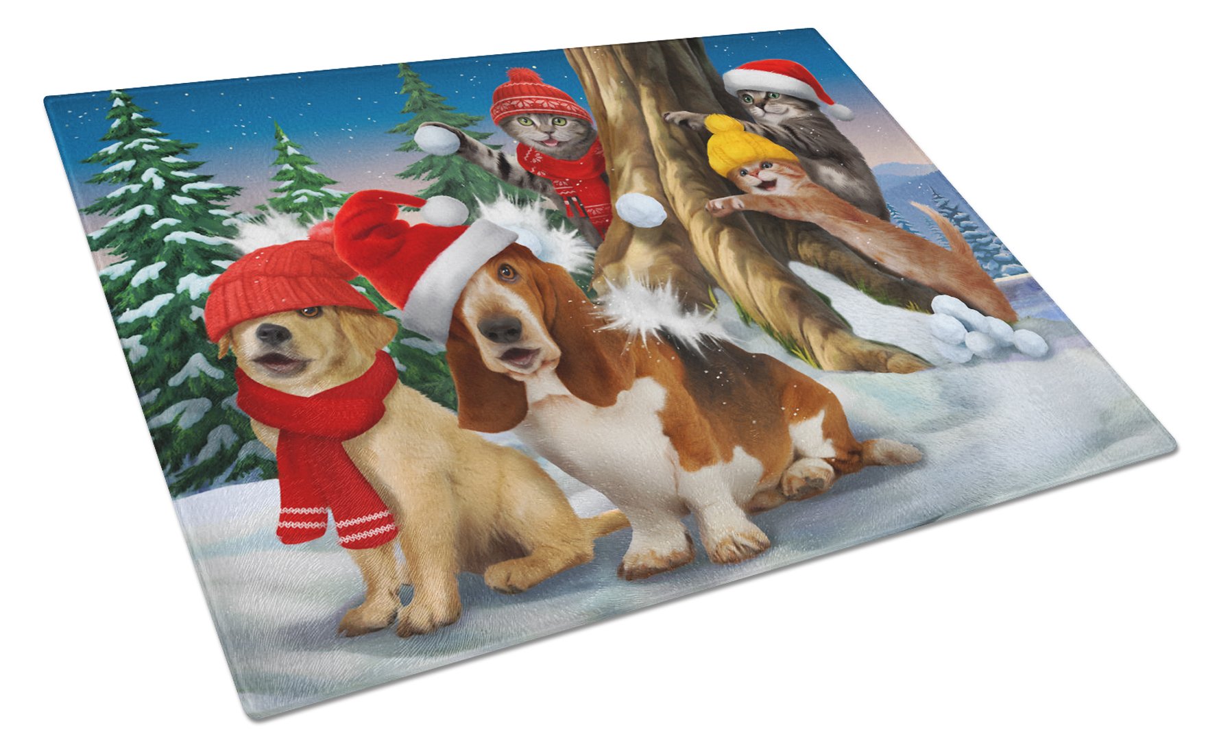 Basset, Golden and Cats Snowball Fight Glass Cutting Board Large PTW2066LCB by Caroline's Treasures