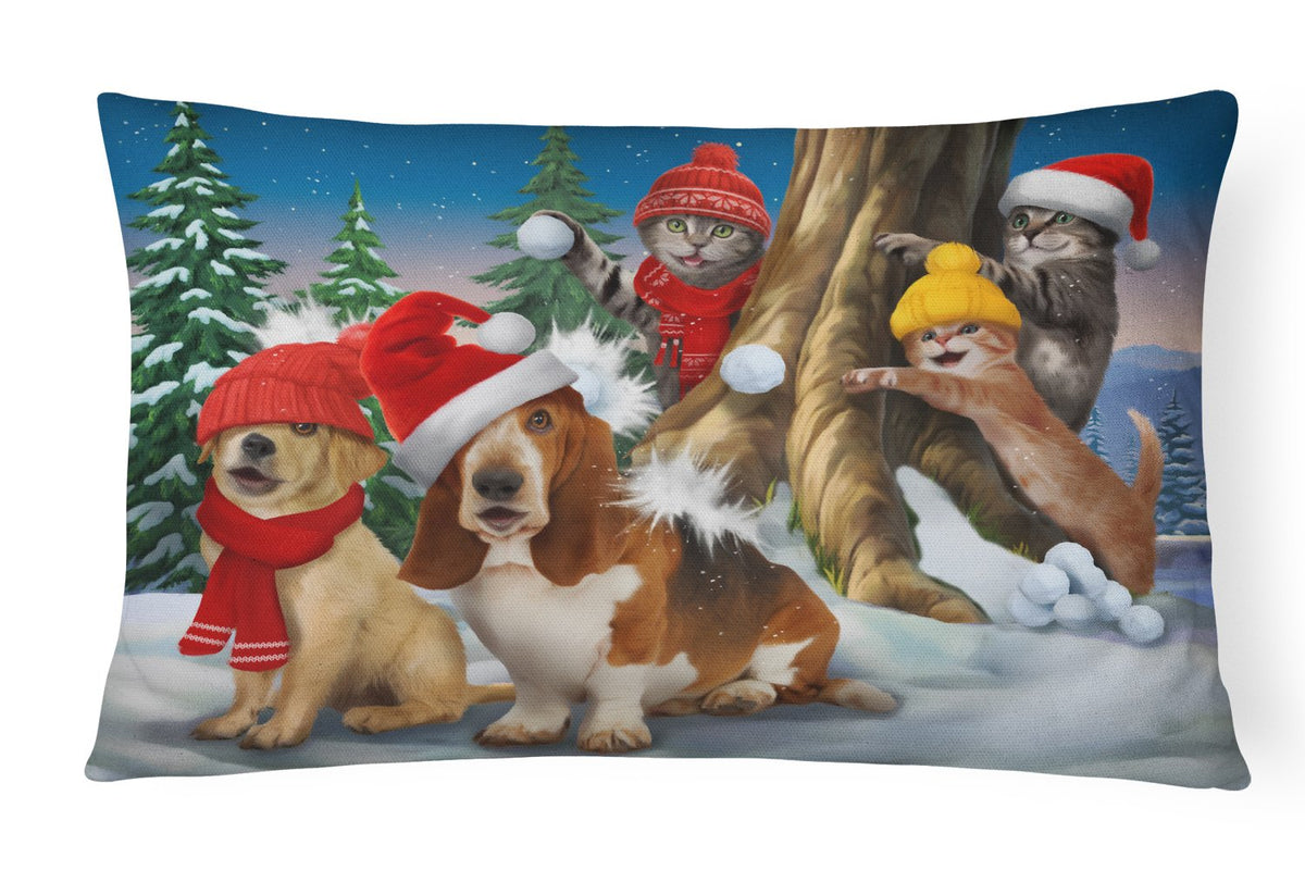 Basset, Golden and Cats Snowball Fight Canvas Fabric Decorative Pillow PTW2066PW1216 by Caroline&#39;s Treasures
