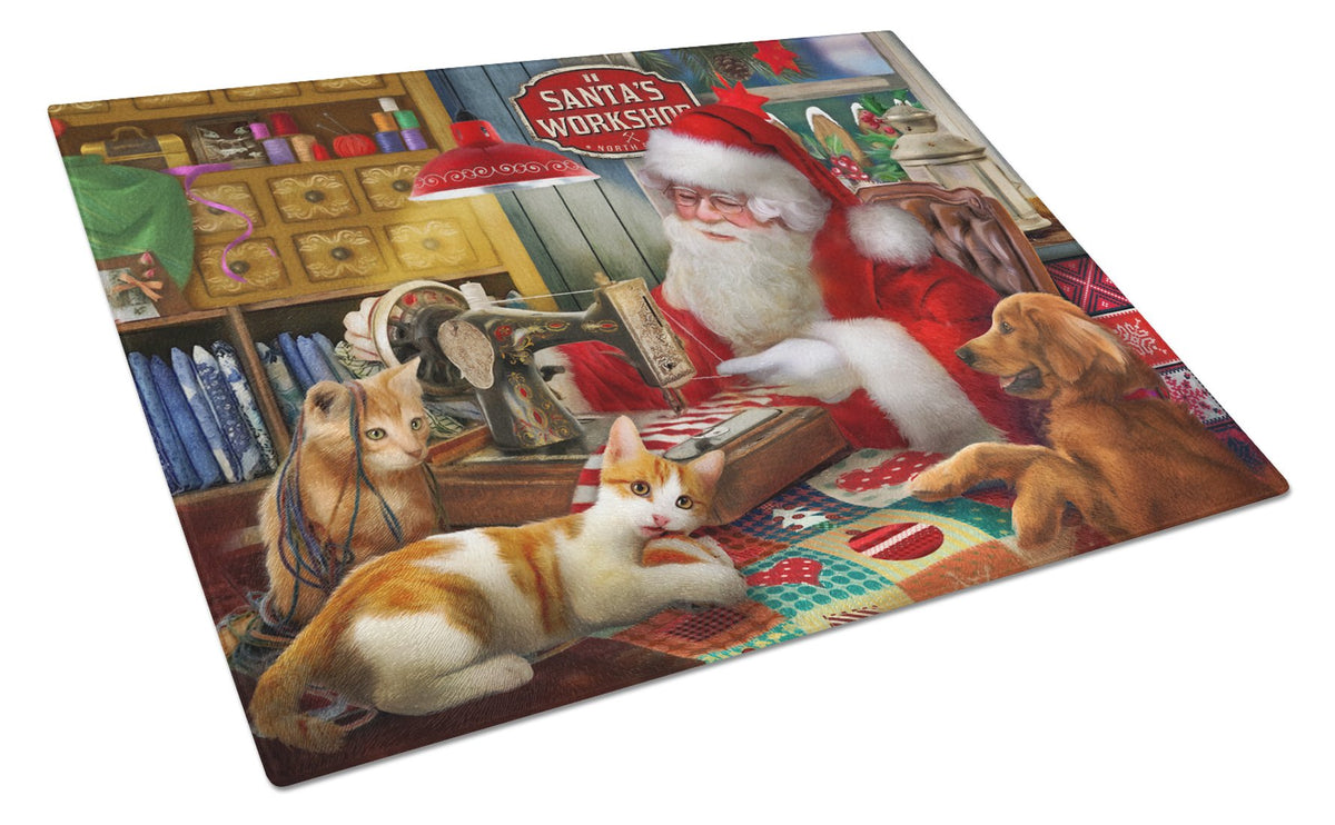 Santa&#39;s Workshop, Golden Retriever and Cats Glass Cutting Board Large PTW2067LCB by Caroline&#39;s Treasures