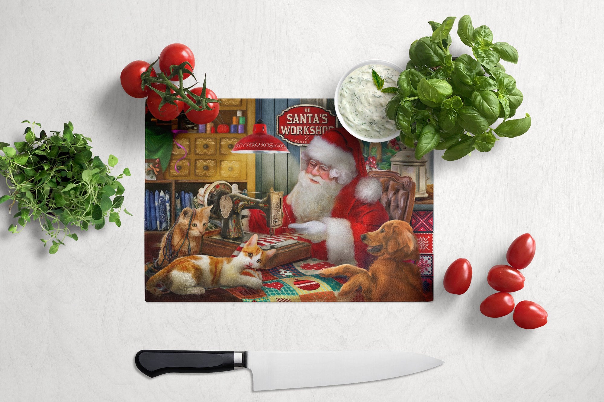 Santa's Workshop, Golden Retriever and Cats Glass Cutting Board Large PTW2067LCB by Caroline's Treasures