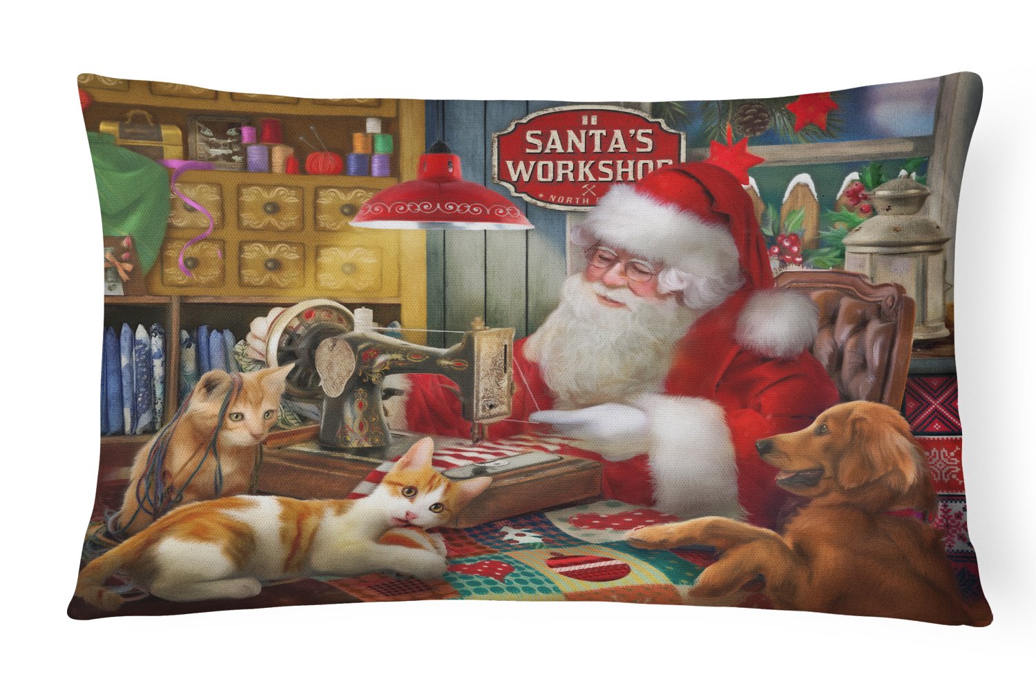Santa's Workshop, Golden Retriever and Cats Canvas Fabric Decorative Pillow PTW2067PW1216 by Caroline's Treasures