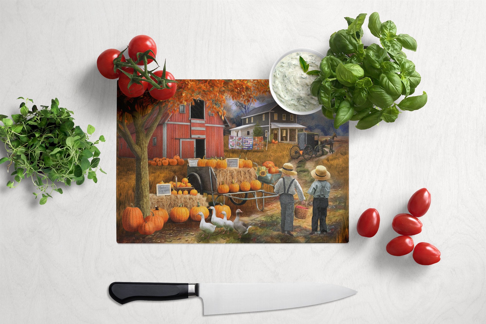Fall Amish Pumpkin Stand Glass Cutting Board Large PTW2075LCB by Caroline's Treasures