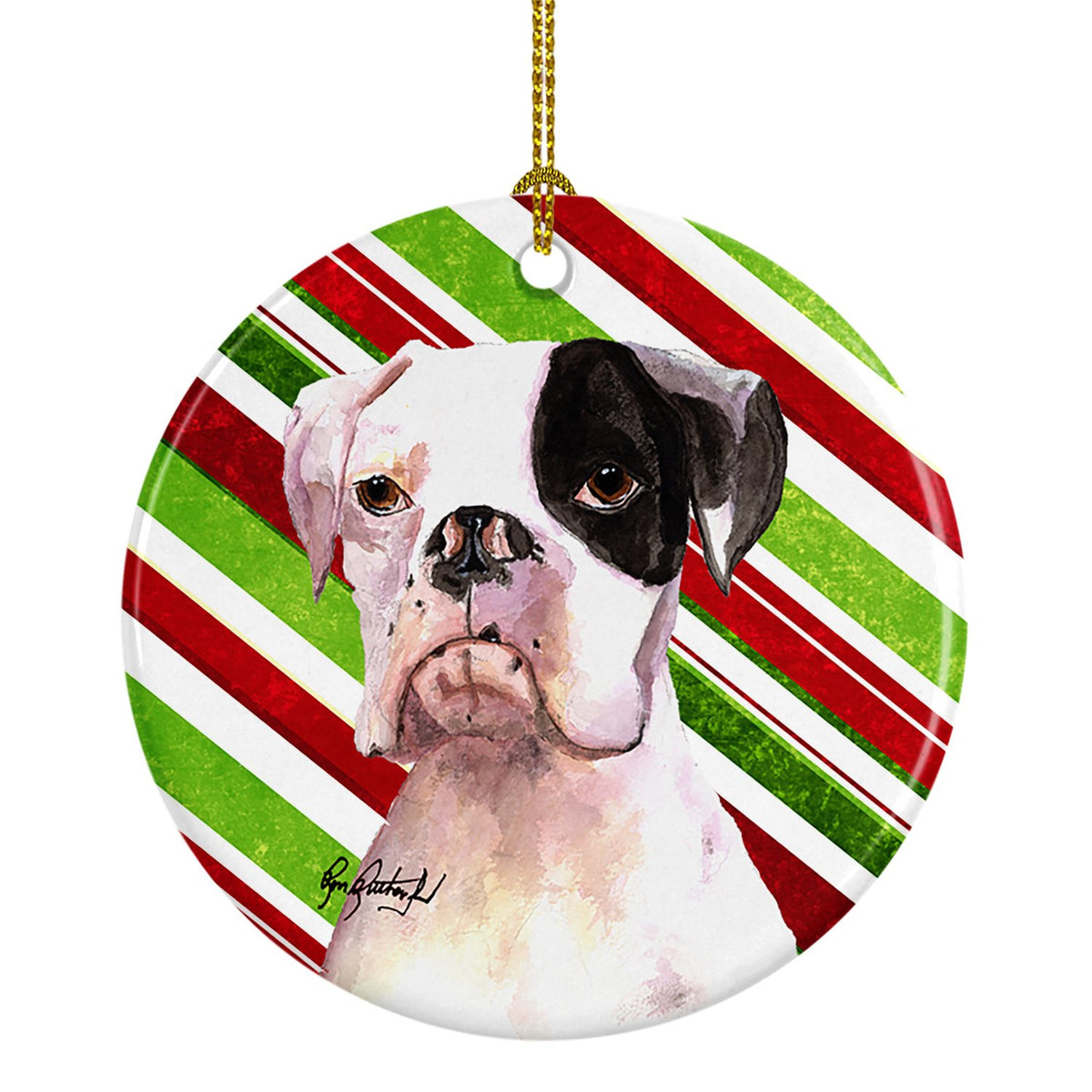 Cooper Candy Stripe Boxer Christmas Ceramic Ornament by Caroline&#39;s Treasures